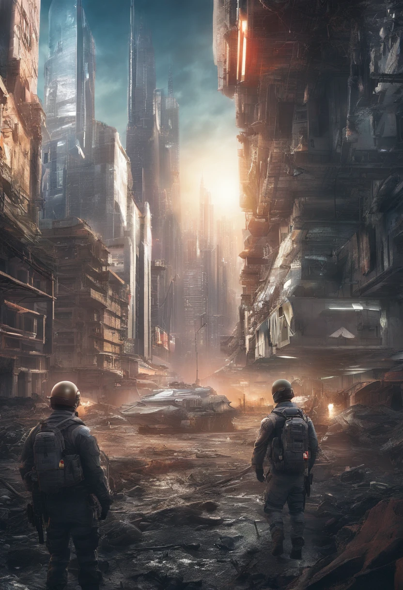 War in the city ruins，Post apocalyptic，sneaking towards enemy soldierist，early morning, best quality,ultra-detailed,realistic:1.37, HDR,vivid colors,professional