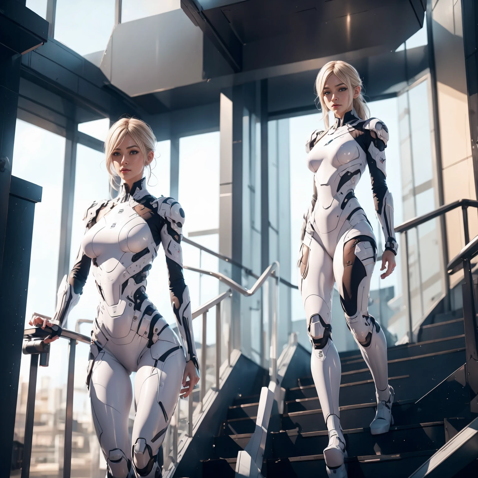 blonde girl in white lingerie posing on the stairs in a futuristic setting, handsome girl, in white color, amazing cgi, CGsociety inspired, fashion shot, scifi woman, Futuristic, WLOP. science-fiction, cyberpunk bodysuit, The Perfect Girl, CG High Definition Society