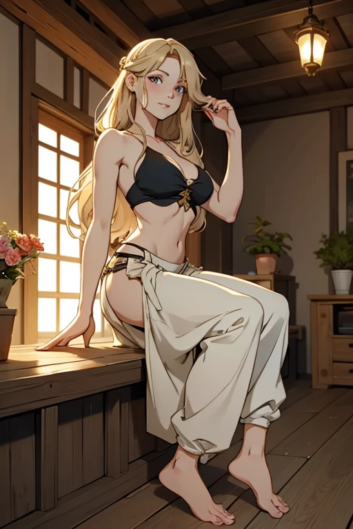 frontale und seitliche Darstellung, a pretty one, satisfied barefoot young woman, mit lockigen blonden Haaren, who wears a tube top and harem pants.