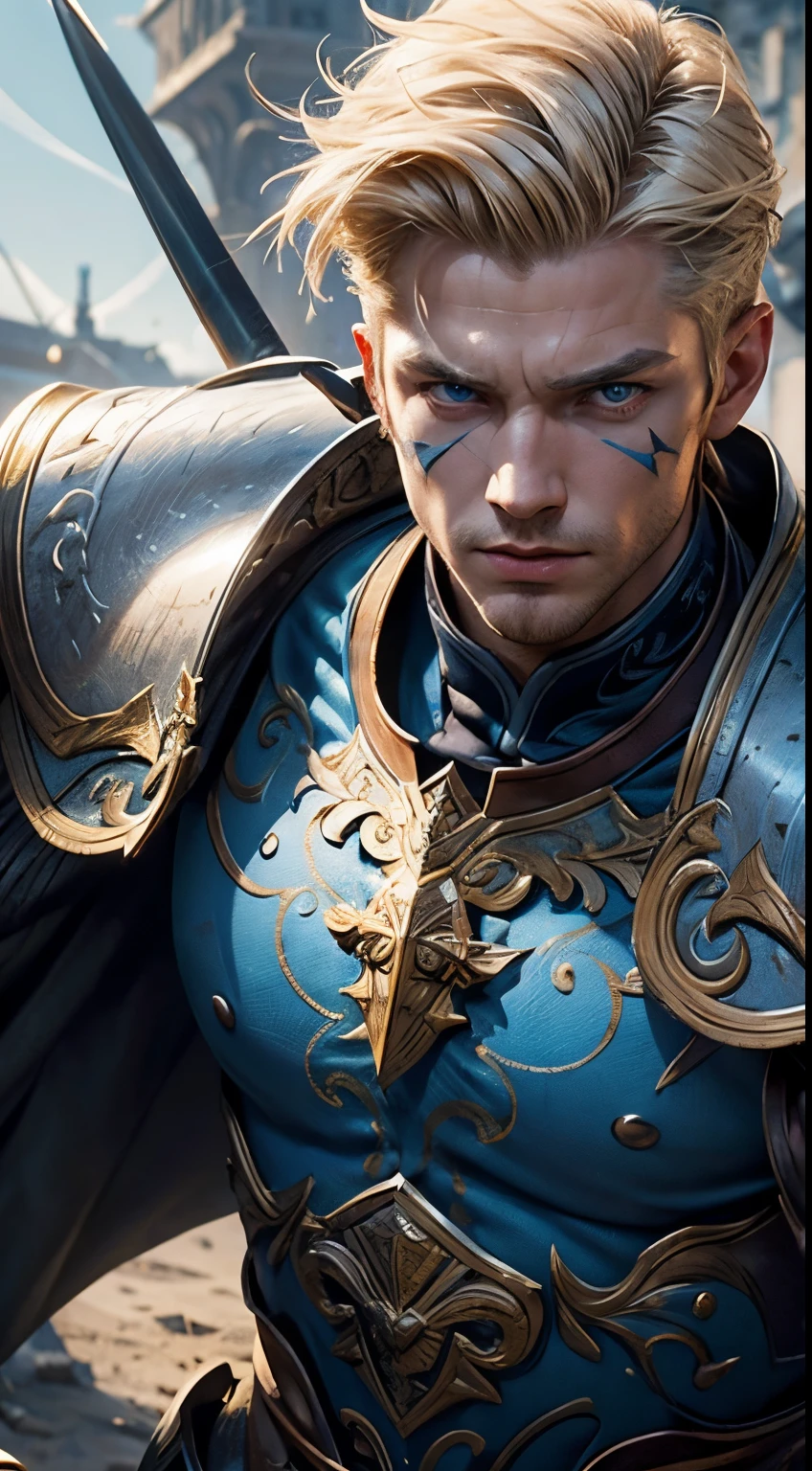 1 man, Swedish man, solo focus, 27 years old, brutish, toned body, short quiff blond hair, intricate paladin armor, lean muscular body, bluish eyes, battle axe, war cry, masterpiece, ultra HD, insane details, realistic, detailed face, war face paint, detailed skin texture, blurred background, battle field,