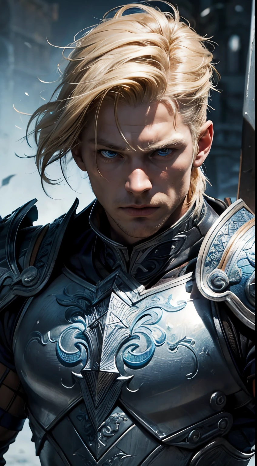 1 man, Swedish man, solo focus, 27 years old, brutish, toned body, short quiff blond hair, intricate paladin armor, lean muscular body, bluish eyes, battle axe, war cry, masterpiece, ultra HD, insane details, realistic, detailed face, war face paint, detailed skin texture, blurred background, battle field,