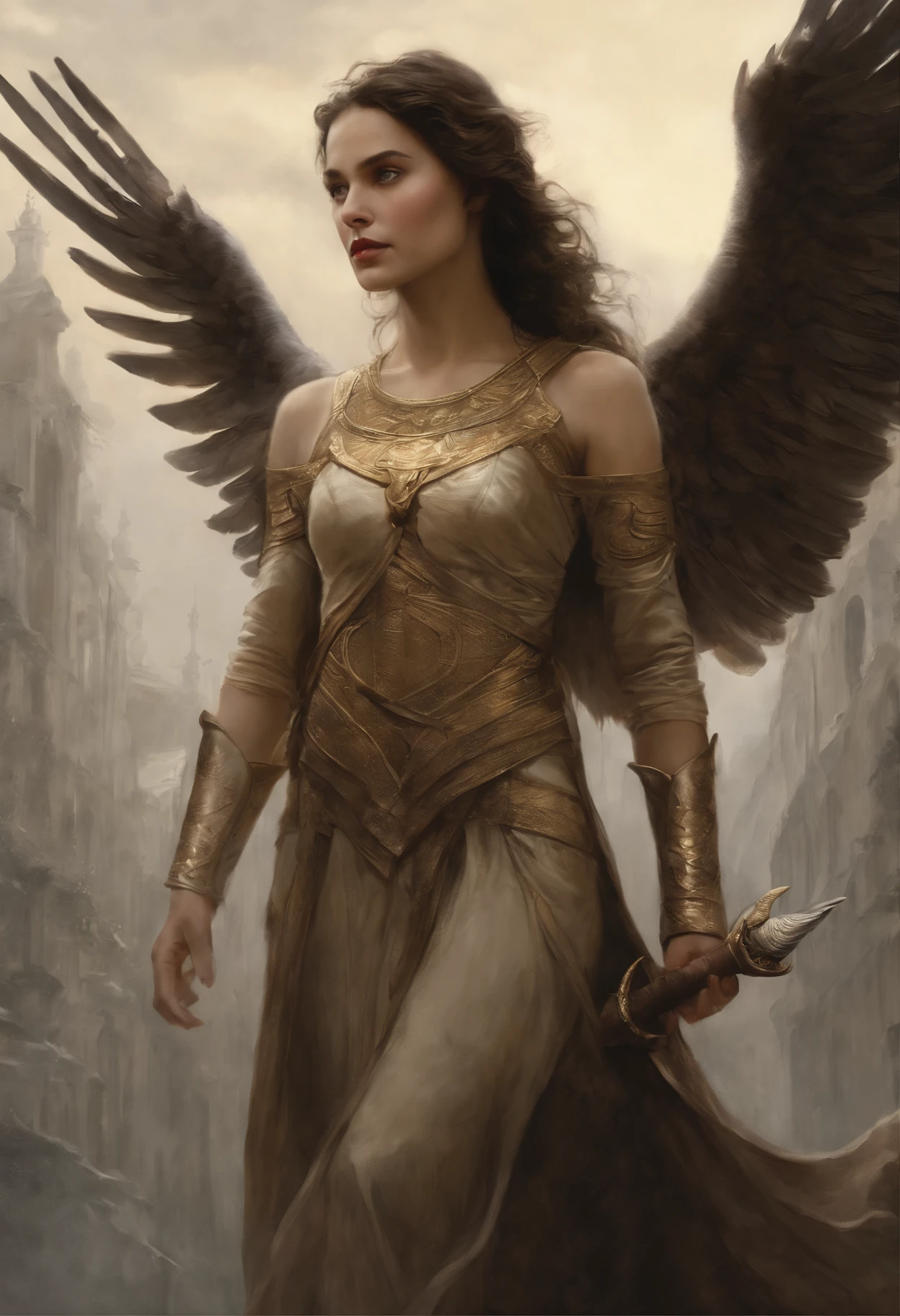 真实感, dark fantasy style, John Tolkien style, Small painting by Jean-Baptiste Monge, portraite of a, looks from the front, Soft facial features,  Angel Girl, Average height, slightly plump dark pink lips "classic", Engriberts eyebrows, dark brown almond shaped eyes, looking at away,  dark colored hair, long thick braid,  slightly turned up nose,  in the form of a Valkyrie,  in Carol Bak style, behind his back there are huge open angel wings, A sword in his hands, slightly naked, dressed in white and gold robes of the priestesses of the cult, holy golden armor, Celestial Queen, In a predatory nature, Standing next to a motorcycle, rain is dripping, The city, megalopolis, city trail, big house, glass skyscraper Jean-Baptiste Monge, anthropomorphic --ar 2:3 --testp -optimistic;