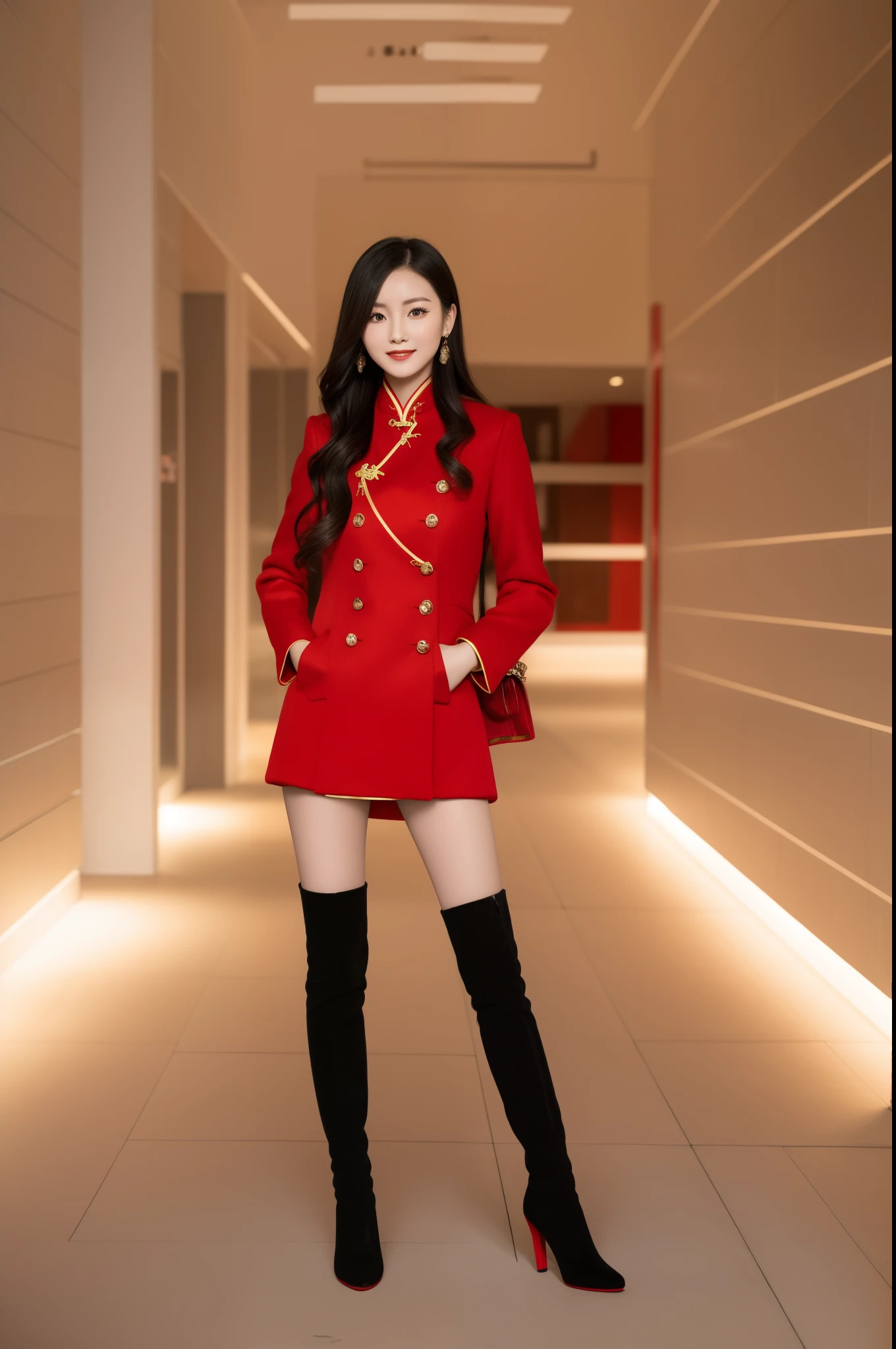 Chinese woman wearing red coat and black boots posing for photo, wearing red clothes, full body xianxia, wearing red jacket, Red suit, wearing red clothes, wearing a black and red suit, Red top, wearing red cheongsam, cool red jacket, wearing red clothes, in a red dress, Red clothes, white backgrounid