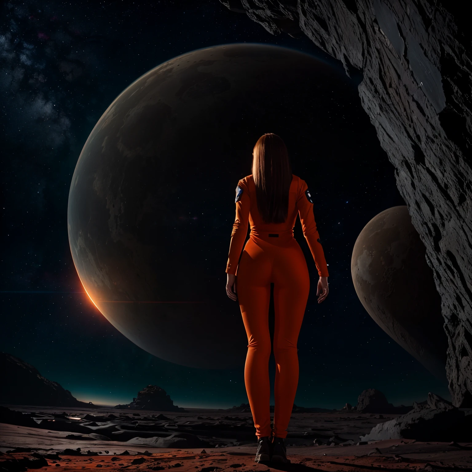girl in a tight orange astronaut outfit, on a distant planet, slim fit body, from behind, wide angle, masterpiece, UHD