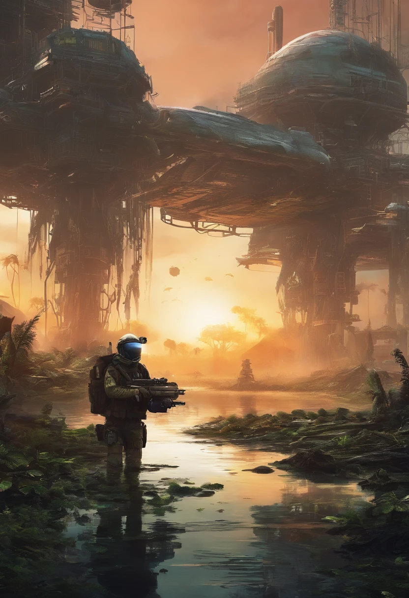 War in the swamp,Post apocalyptic,sneaking towards enemy soldierist,early morning, best quality,ultra-detailed,realistic:1.37, HDR,vivid colors,professional