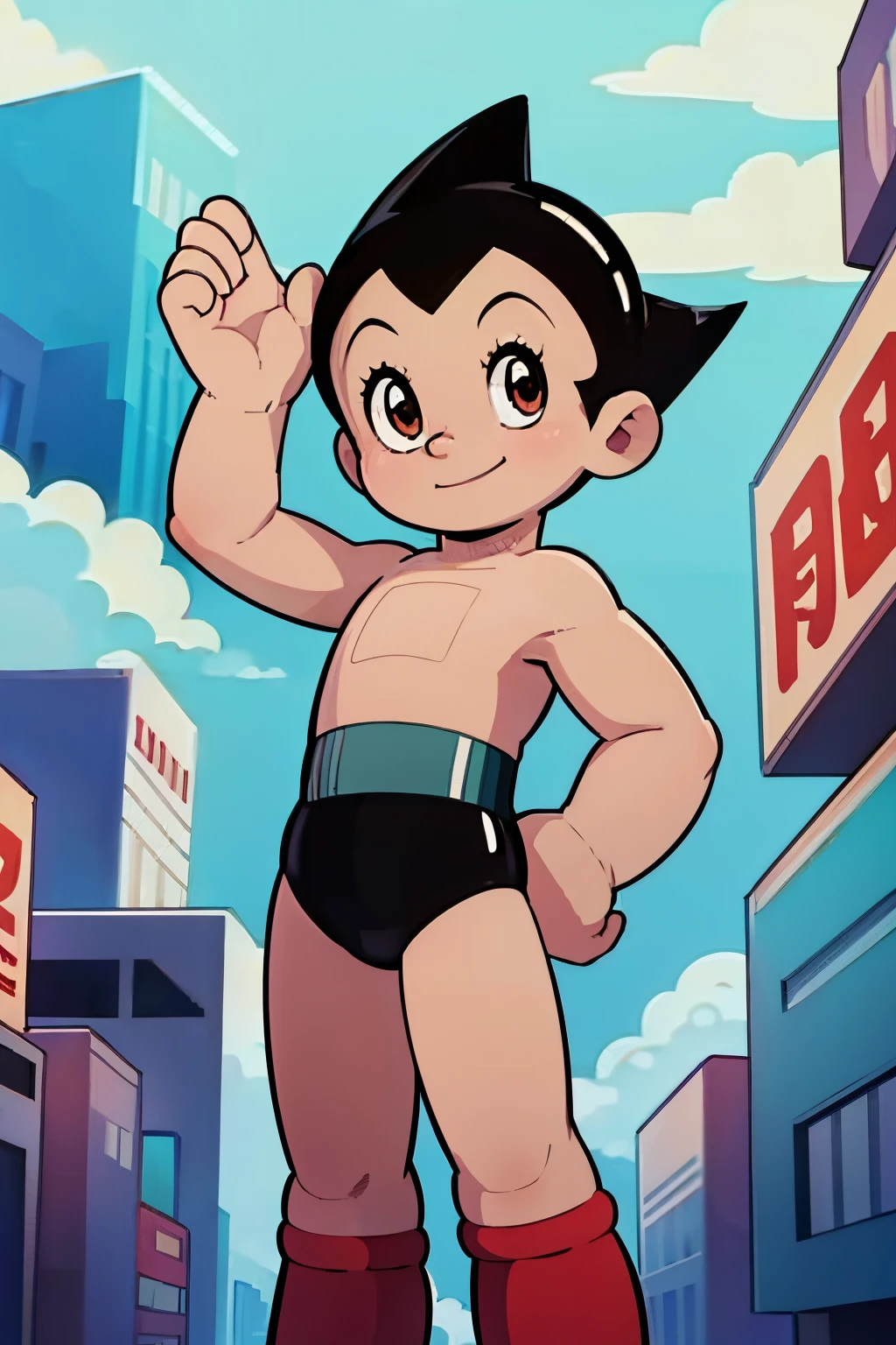 High quality close up of Astro Boy standing on a deserted street, smiling, back facing the viewer, head turned towards the viewer