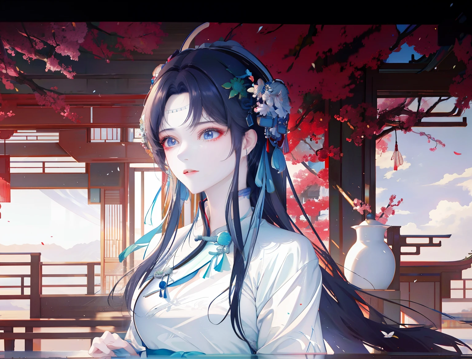 Close-up of a woman in a white dress holding a fan, 宮 ，Eyes hurt，Delicate hair accessories，Cool sister， A girl in Hanfu, Inspired by Qiu Ying, Inspired by Li Tang, Inspired by Li Meihu, Inspired by Tang Yifen, Inspired by Huang Ji, Inspired by Ma Yuanyu, xianxia fantasy, Inspired by Zhou Fang, full body xianxia