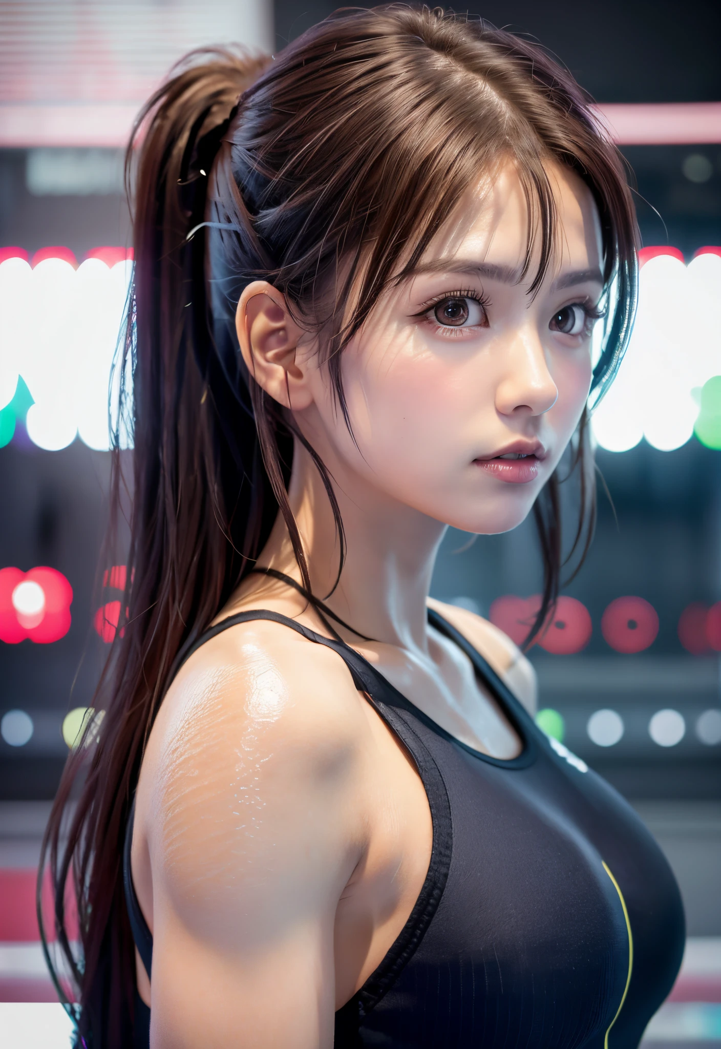 8K, of the highest quality, masutepiece:1.2), (Realistic, Photorealsitic:1.3), of the highest quality, masutepiece, Beautiful young woman, Pensive expression, Thoughtful look, Competitive swimmers、swim wears、Hair tied back, Cinematic background, Light skin tone、wetted skin