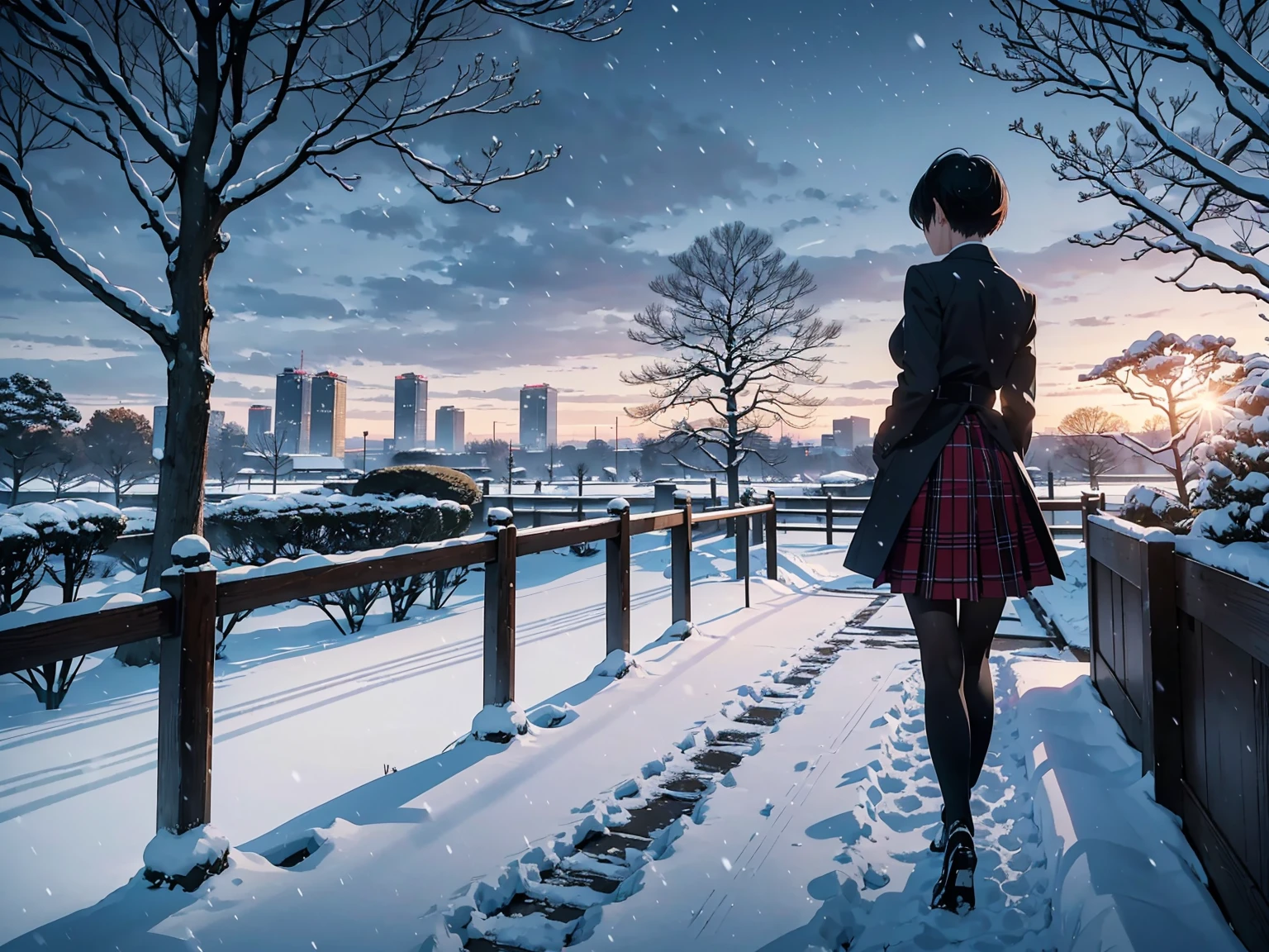 ((masterpiece)), ((top-quality)), (hight resolution), (extremely detailed CG unified 8k wallpaper),(Near and far law),(beautiful night scene:1.4),(projected inset),(((very dark background))),depth of field,(Midnight:1.4),midwinter,(cloudy ash sky:1.2),(Detailed Shinjuku Gyoen National Garden), (In the midst of falling snow:1.4),(from behind),((Chilling Wind)),(Large snow:1.4),((Wear a long coat)),(Standing in the detailed Shinjuku Gyoen National Garden 1.4),TOKYOcty,Shinjuku,Shinkai Makoto style,(Garden of Words:1.3),(Loud shouting gesture:1.4),((Put your hands on your chest)),Black pantyhose,((Detailed distant cityscape)),Residential area,condominium,apartament,looking at the city,serene ambiance.(Pixie Cut),Hair in the ears,Profile of the character,1 cute high school girl,(large full breasts:1.2),Cute Uniform,Long skirt with red plaid pattern,sleeveless,Photorealsitic,Background Focus,Panoramic shooting,f/2.8,35m,Beautiful lighting,光线追踪