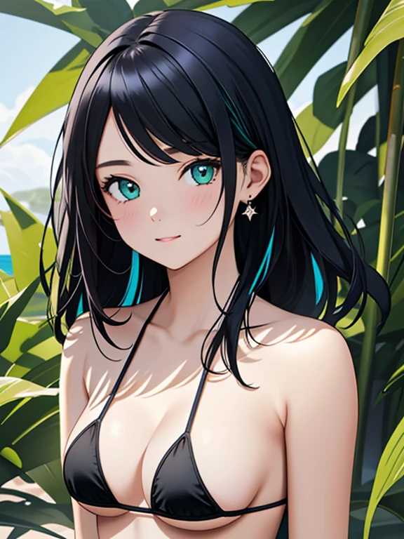 ((masterpiece、top-quality:1.5、a high chroma:1.5、ultra-detailliert、high-resolution illustrations:1.5、Ultra-high-definition CG、8k size wallpaper、offcial art))、((ffront view:1.5)),(1woman,),(cute face:1.5,cute eyes:1.5)、((close to viewer:1.5,face only:1.5)),
(clear face:1.3)、(sexy body),(standing),(Skinny and thin、black micro bikini:1.5)、,(multicolored hair:1.5), (large breasts:1.5)、(portrait),(curvy:1.3)、(Portrait:1.5)
,(光る green eyes:1.5),(midsummer beach behind:1.5)、(upper body:1.5)、