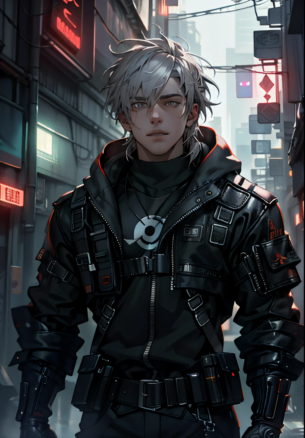 ultra detail, high resolution, ultra detailed, best quality, amazing, top quality, extremely detailed CG unity 8k wallpaper, cinematic lighting, cyberpunk, pale boy, grey hair