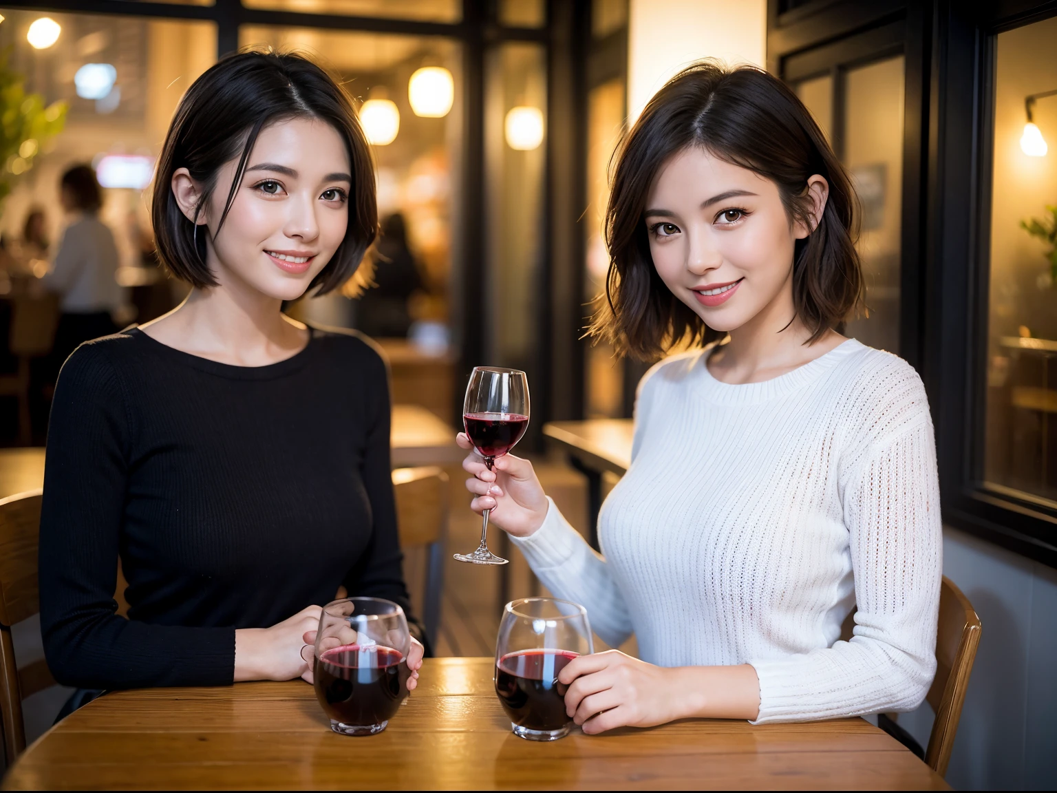 (64k uhd、nffsw、top-quality、masterpiece:1.2)、(realisitic、Photorealsitic:1.37)、ultra-detailliert、wine glasses、enjoying a glass of wine、a matural female、Two beautiful women、(Slim Faces)、(Slim body)、(brawn hair)、(short-cut)、smiling french woman、happy italian girl、British woman、Americana、blush a little on the cheeks、(38 years)、42 year old、red wine、A beautiful and detailed night view spreads out outside the window..、resturant、Wine glasses in a prominent place、natta、(from waist up)、sitting on、date、(A smile:1.15)、Beautiful detailed eyes、Cashmere sweater、long-sleeved dresses、japanes、(short-hair:1.2)、Float NovaFrogStyle、、modeled、from waist up、white wine、Slimed、wine glasses、Super beautiful night view、Put the wine glass in the middle、Happy smile、(8K、Raw photography、top-quality、masterpiece:1.2)、(realisitic、Photorealsitic:1.37)、ultra-detailliert、超A high resolution、2 females、see the beholder、beautifull detailed face、A smile、Constriction、(Slim waist) :1.3)、knit shirt、Beautiful detailed skin、Skin Texture、floated hair、professional light needle breast、eyes gentle