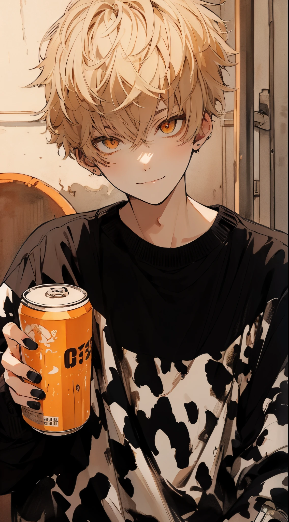 Beautiful young man, blond, orange eyes, short hair, cow print sweatshirt, holding a can of beer, slight smile, slit eyes, delinquent face, handsome, stylish room,high quality, amount of drawing, pixiv illustration Japanese anime, Clear line drawing, transparent watercolor, clear shading,