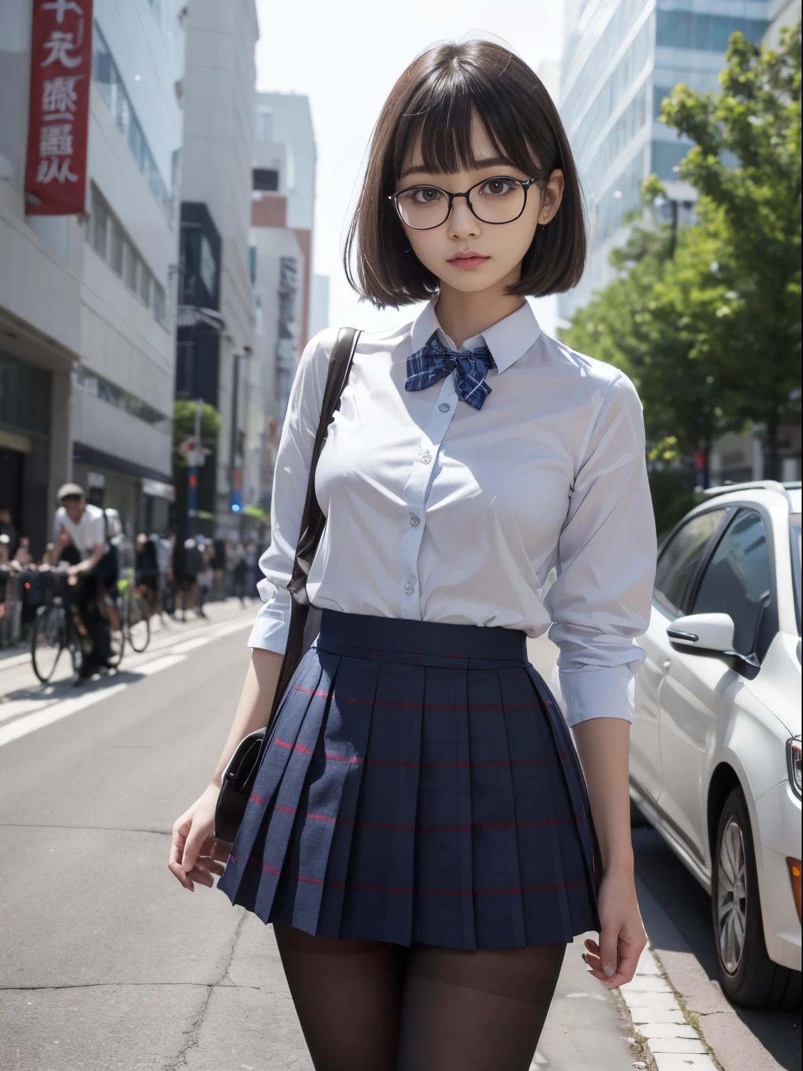 bob cuts、I see underwear)、((Narrow-eyed))、((Narrow-eyed))、((Narrow-eyed))、(8K、Raw photography、top-quality、masterpiece:1.2),、Has a small、(flat breast)、(flat breast)、(flat breast)、(flat breast)、(flat breast)、(being thin)、light skinned、skin whitening、Dark look、Rasping,glamor,Chromo-white skin,cocky,School,watching at viewers,Looking at the front,Muchimuchi,High-pitched clothing,Erotic,Pupils,de pele branca,kne,((Black pantyhose)),absurderes,a small face,,Forehead visible,Bangs hanging from the left and right sides of the forehead,(a cold expression,Tight eyes,glares,Bullish,irate)、masterpiece,top-quality、超A high resolution,Raw photo,ren,Beautiful fece,One Person, 独奏,eye glass,,Dark look,Small breasts,fullllbody,Round glasses,JK school uniform,hi-school girl,A Japanese Lady, Standing,(Photorealsitic:1.37)、Photon mapping,Realistic、Beautie,Cute little face,Brown-eyed、Black socks、(Red bow tie)、Radio City、Physically Based Rendering、depth of field rally background、a picture,Body,beauty legs, Long legs, Thin leg,(Bangs are visible), hair, s lips, Blue_The eye, nosesoft,(Light blue shirt), (Navy and blue and white plaid pleated skirt), Knees are visible,Sheer clothing,, Thigh, Black cotton socks,Nogizaka Idol, , Japanese ido