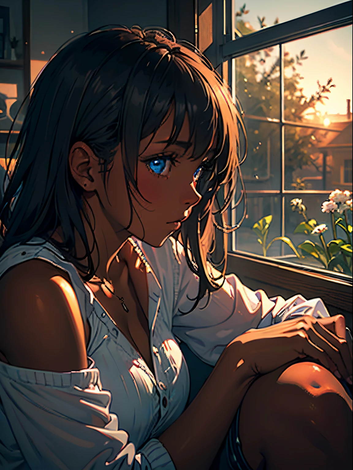 (Best Quality, Masterpiece) wall-、Afternoon sun、depth of fields、high resolution details、ultra-detailed、filming、surrealism、Soft light、(1 black girl with dark skin and blue eyes)、Deep field focus bokeh、Ray tracing、diffused(Ultra-fine glass reflection)、surrealism,(Woman sitting on a sofa in a house looking sideways out glass window:1.1)、Sun in the west reflection on the glass of the window、House scenery、profile, lonely