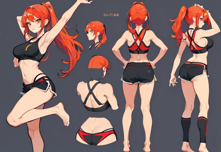 A beautiful young woman, reference sheet, character design, front angle, side angle, rear angle, dynamic poses, (masterpiece:1.2), (best quality:1.3), black shorts, sports bra, , (red hair), (yellow eyes), (pony tail), (long bangs), (vibrant eyes), barefoot