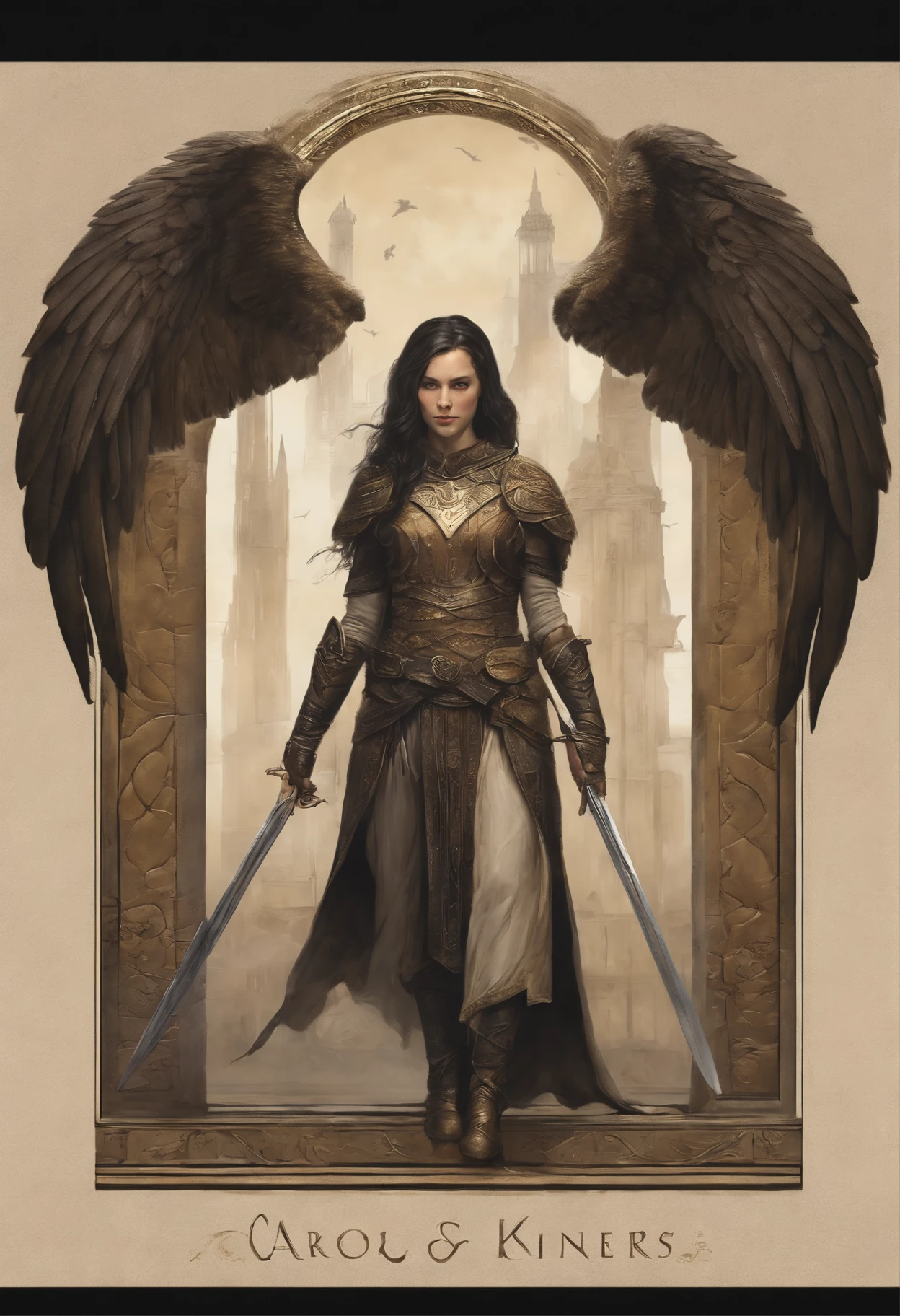 真实感, dark fantasy style, John Tolkien style, Small painting by Jean-Baptiste Monge, portraite of a, looks from the front, Soft facial features, Angel Girl, Average height, slightly plump dark pink lips "classic", Engriberts eyebrows, dark brown almond shaped eyes, looking at away, dark colored hair, long thick braid, slightly turned up nose, in the form of a Valkyrie, in Carol Bak style, behind his back there are huge open angel wings, A sword in his hands, slightly naked, dressed in white and gold robes of the priestesses of the cult, holy golden armor, Celestial Queen, In a predatory nature, Standing next to a motorcycle, rain is dripping, The city, megalopolis, city trail, big house, glass skyscraper Jean-Baptiste Monge, anthropomorphic --ar 2:3 --testp -optimistic;