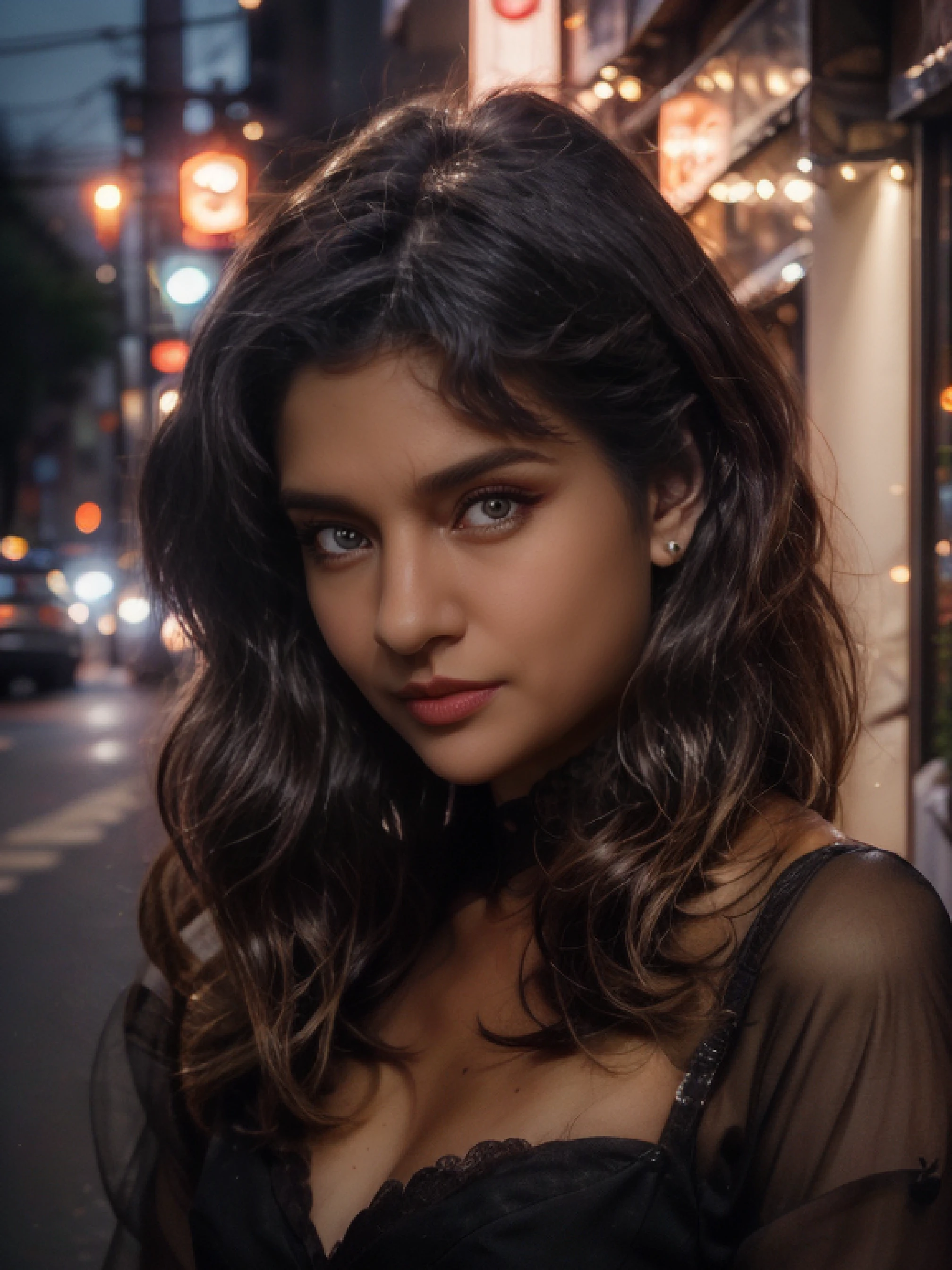 instagram photo, closeup face photo of a young french in dress, beautiful face, makeup, night city street, bokeh, motion blur, purple hair, professional make up