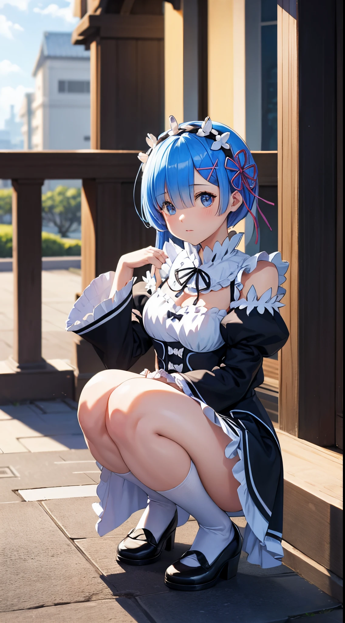 Rem (Re:Zero), shorts hair, cabello color azul cielo, estilo anime, squatting, piernas abiertas, ropa de maid