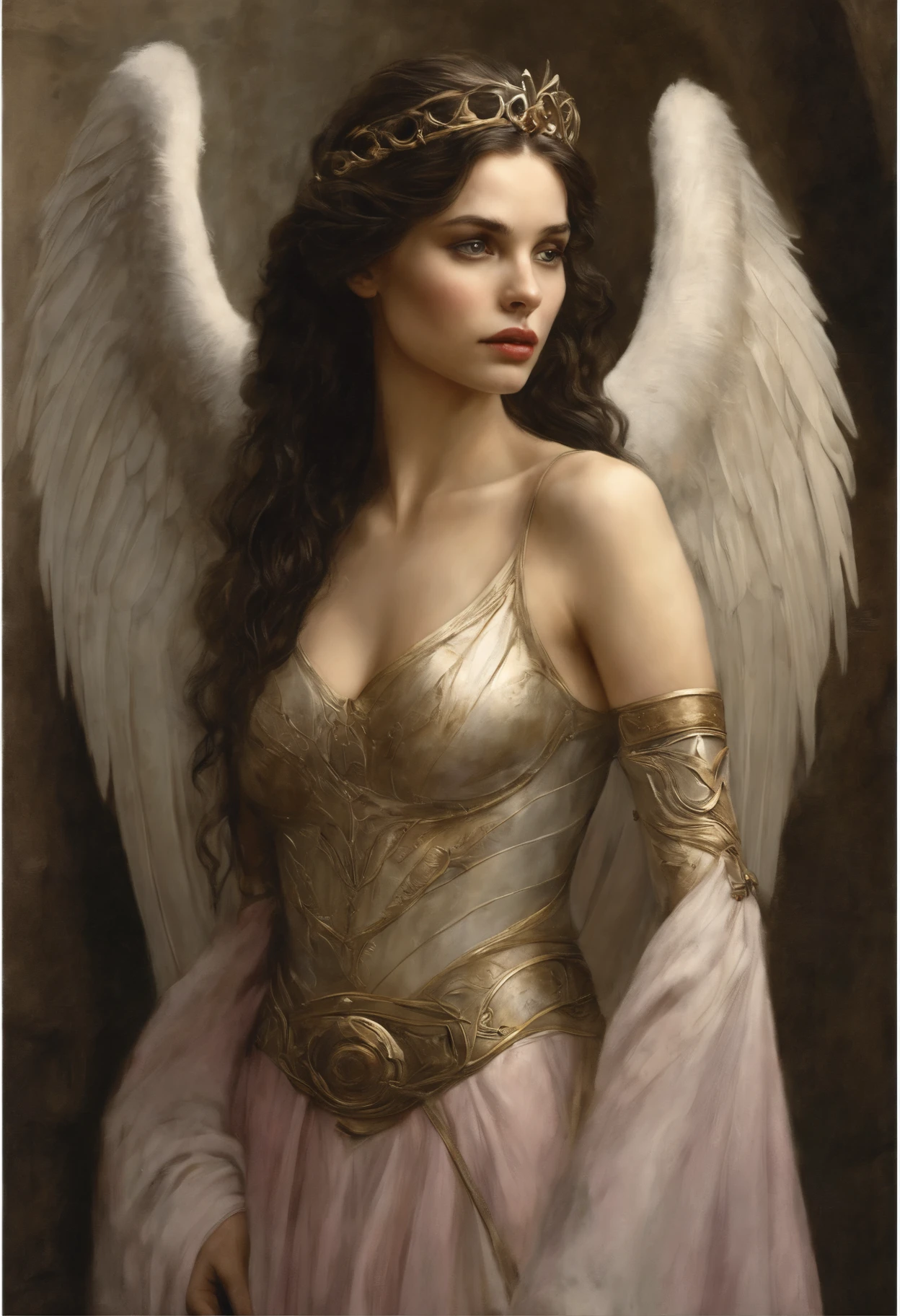 真实感, dark fantasy style, John Tolkien style, Small painting by Jean-Baptiste Monge, portraite of a, looks from the front, Soft facial features,  Angel Girl, Average height, slightly plump dark pink lips "Cool eyebrows, dark brown almond shaped eyes, looking at away,  dark colored hair, hair tied in a long thick tight braid,  classic braid hairstyle, slightly upturned nose,  in the form of a Valkyrie,  styled by Carol Buck, behind his back are huge open angel wings, Sword in hand, Slightly naked, priestesses dressed in white and gold robes, holy golden armor, Celestial Queen, Standing next to a motorcycle, rain is dripping, The city, megalopolis, city trail, big house, glass skyscraper Jean-Baptiste Monge, anthropomorphic --ar 2:3 --testp -optimistic;