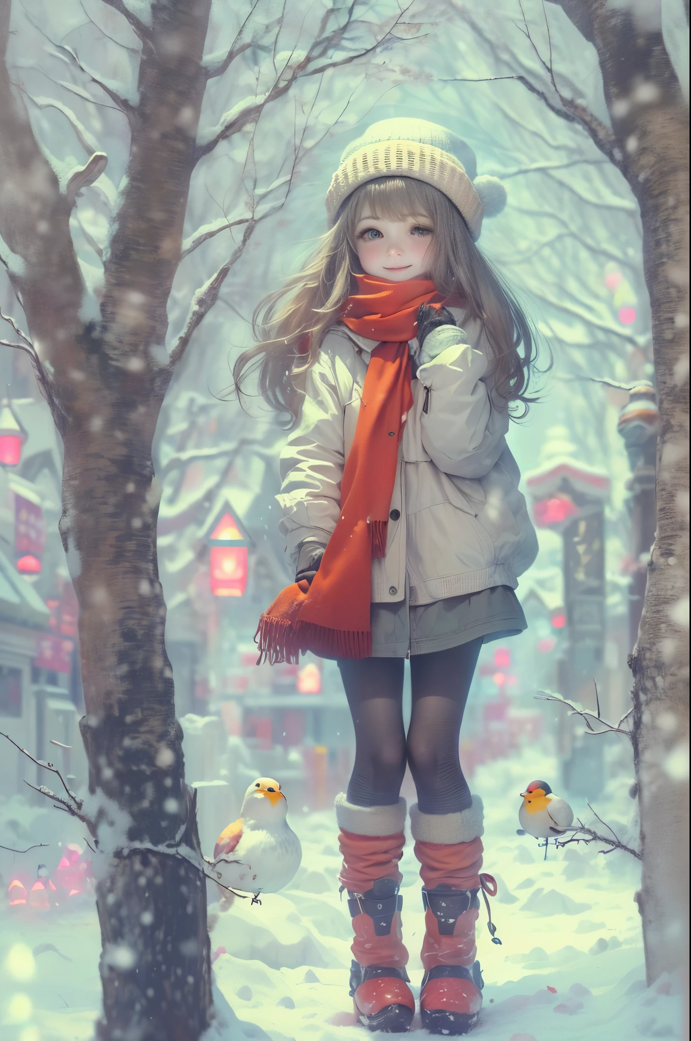 围巾, has cleavage, red neckchief, 1 sister, Beanie, ssmile, bblurry, The face  red, Mittens, pedestrians, boots, Yuki, that tree, Outdoor sports, through bangs, Manteau, nevando, bluntbangs, depth of fields, Eternal, vague background, longer sleeves, Winters, natta, That bird, Alone, Bare tree, mitts, shut up, Brown hair, lanterns, Winter clothes, brownfootwear, 黑The eye, Long gray hair, Small animals, trouser