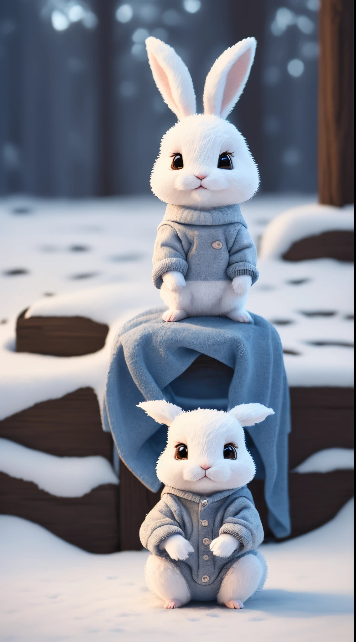 Tiny cute and adorable bunny dressed in casual wear, sat on the ground in the snow,Pixar style, anthropomorphic , 8k, trending on artstation, Gorgeous,headshot,8K+UHD, --ar 9:16 --testp --upbeta --upbeta