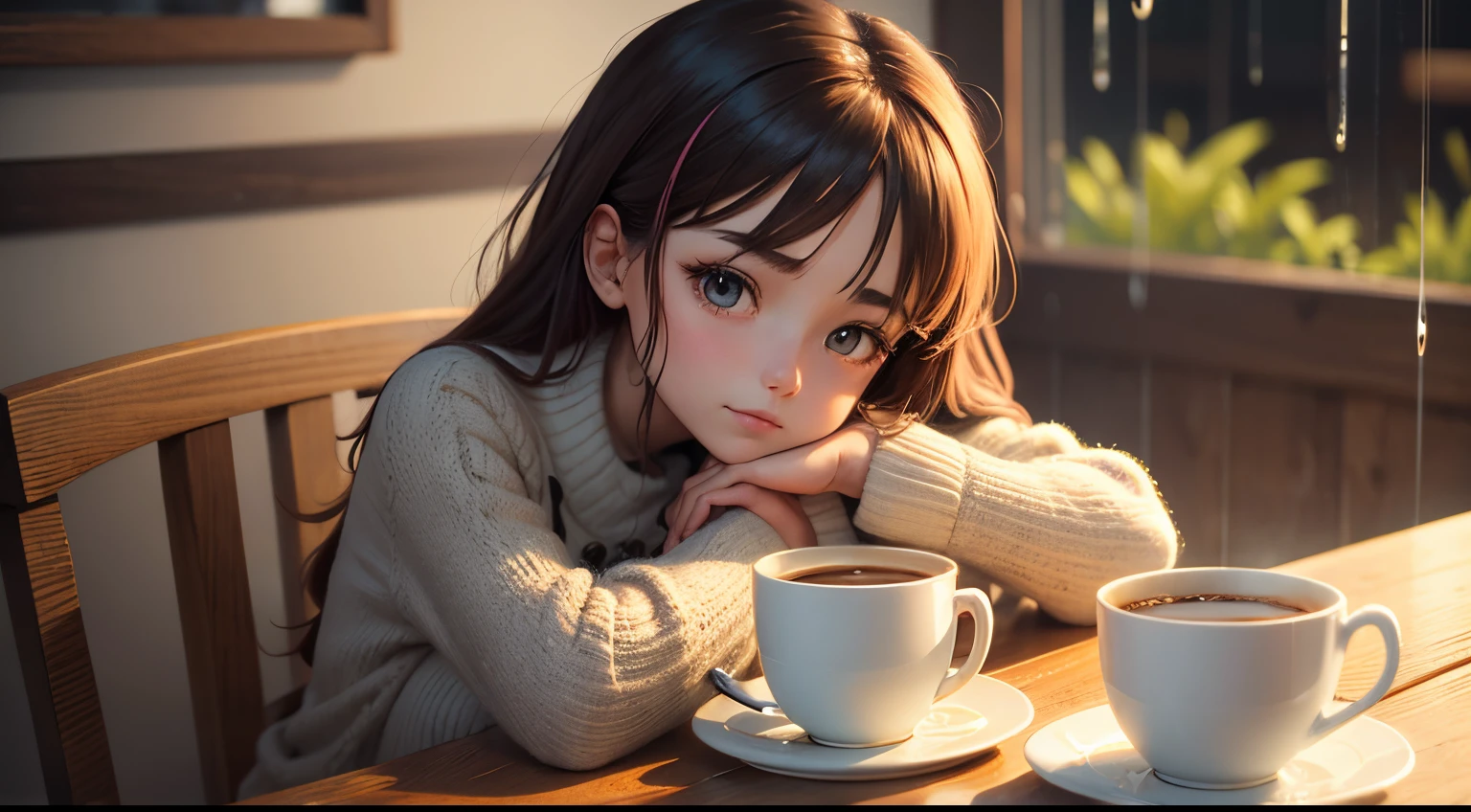 "Cozy Coffee Vibes": Anime girl and A cup of coffee on a saucer surrounded by warm, inviting colors and rainy day