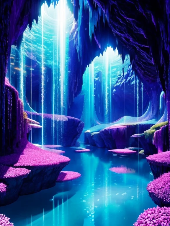 (ultra-detailed,realistic:1.37),crystal caverns,shimmering stalactites and stalagmites,reflective pools of water,glowing crystals,mesmerizing light effects,underground world,fantastical formations,subterranean beauty,ethereal atmosphere,hidden treasures,glimmering gemstones,otherworldly colors,mysterious depths,majestic architecture,dazzling illuminations,enchanted adventure,crystalline structures,prismatic reflections,sublime tranquility,captivating underground landscapes,luminous glow,sublime beauty,caves of wonder