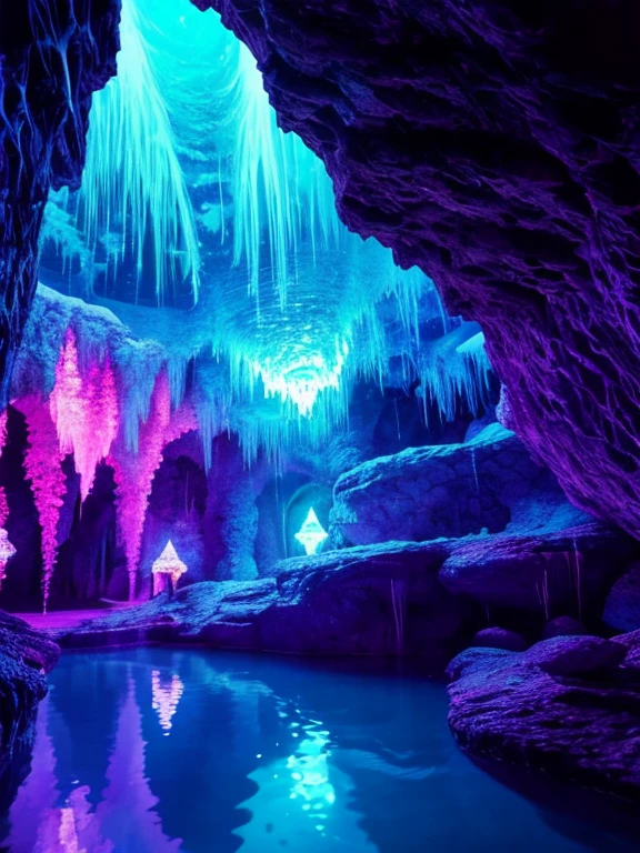 (ultra-detailed,realistic:1.37),crystal caverns,shimmering stalactites and stalagmites,reflective pools of water,glowing crystals,mesmerizing light effects,underground world,fantastical formations,subterranean beauty,ethereal atmosphere,hidden treasures,glimmering gemstones,otherworldly colors,mysterious depths,majestic architecture,dazzling illuminations,enchanted adventure,crystalline structures,prismatic reflections,sublime tranquility,captivating underground landscapes,luminous glow,sublime beauty,caves of wonder