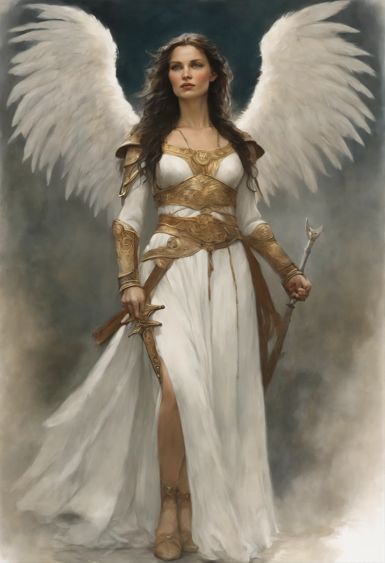 真实感, dark fantasy style, John Tolkien style, Small painting by Jean-Baptiste Monge, portraite of a, looks from the front, Soft facial features, Angel Girl, Average height, slightly plump dark pink lips "Cool eyebrows, dark brown almond shaped eyes, looking at away, dark colored hair, hair tied in a long thick tight braid, classic braid hairstyle, slightly upturned nose, in the form of a Valkyrie, styled by Carol Buck, behind his back are huge open angel wings, Sword in hand, Slightly naked, priestesses dressed in white and gold robes, holy golden armor, Celestial Queen, Standing next to a motorcycle, rain is dripping, The city, megalopolis, city trail, big house, glass skyscraper Jean-Baptiste Monge, anthropomorphic --ar 2:3 --testp -optimistic;