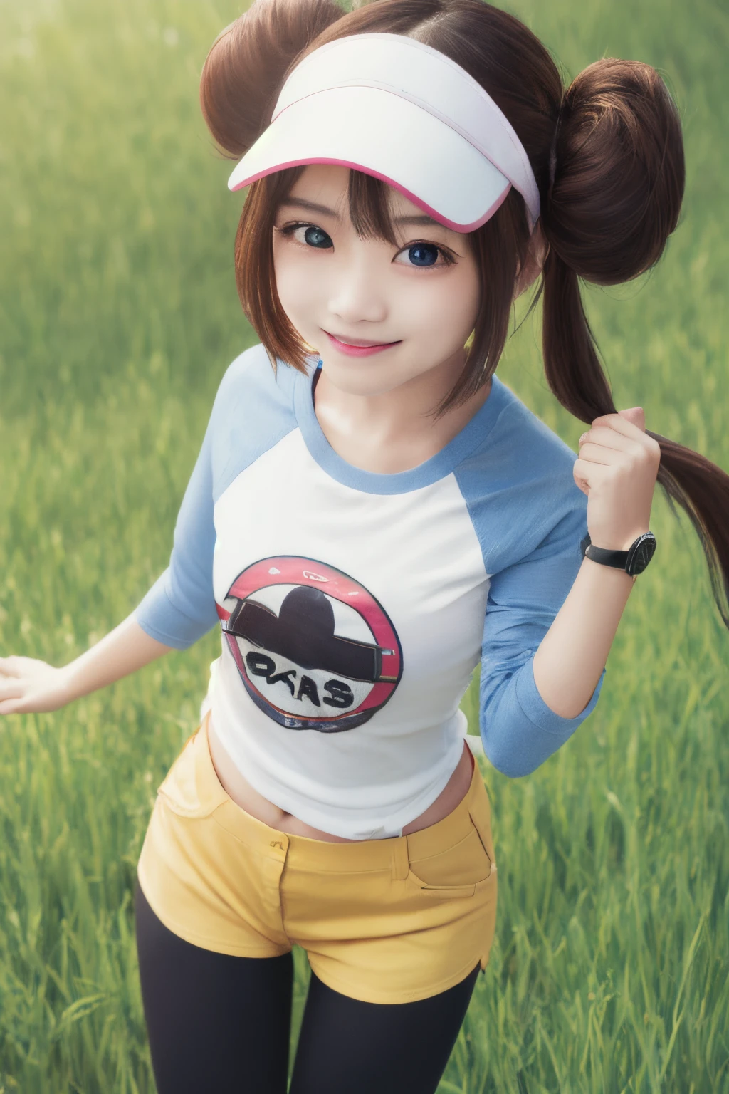 top-quality, 8K, ultra-detailliert, Photorealsitic, Beautiful face, ​masterpiece, Hi-Res, RO1, Hair buns, blue eyess, Twin-tailed, Visor Cap, panthyhose, raglan sleeves, Yellow shorts, The shirt, Pink ribbon, wrist watch,  Standing, cowboy  shot, deph of field, pokeball \(basic\), A smile, (Grass background:1.5), pleasant sunny sky, 1girll, (a closeup:1.4), Black spats, (12year old:1.4), Pretty Face