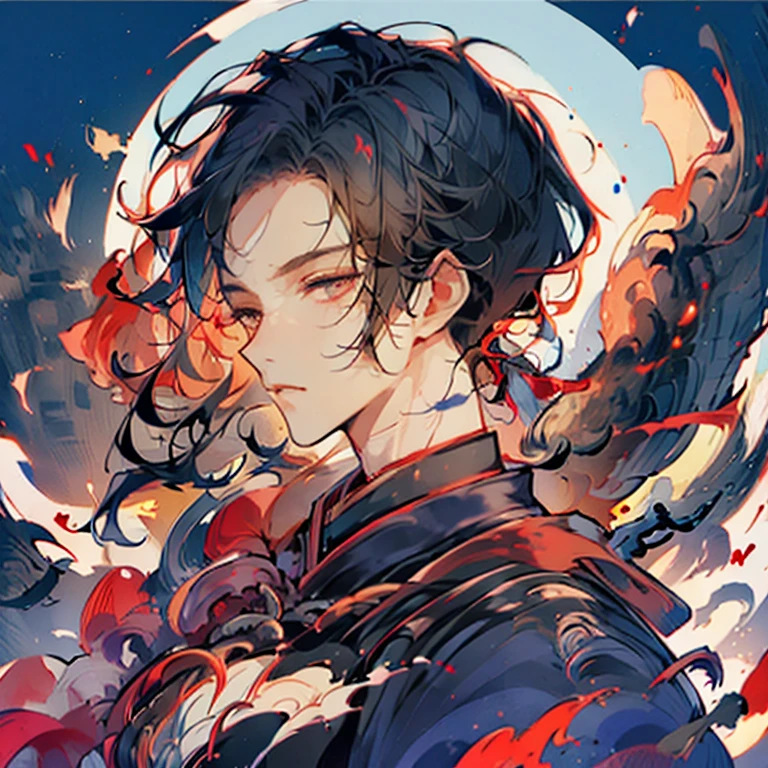 (masterpiece,High quality,Top quality,super detail, best quality ,)1man ,handsome,Face details,tall,skin details,Japan,Traditional Japanese costume, red and blue,Hd,full body,holding a paintbrush,artist,
