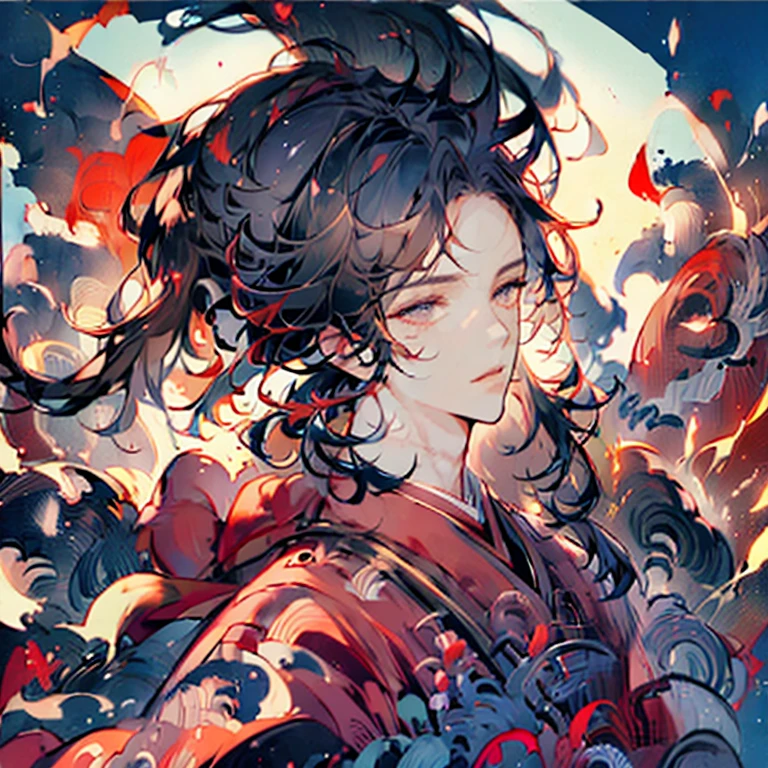 (masterpiece,High quality,Top quality,super detail, best quality ,)1man ,handsome,Face details,tall,skin details,Japan,Traditional Japanese costume, red and blue,Hd,full body,holding a paintbrush,artist,