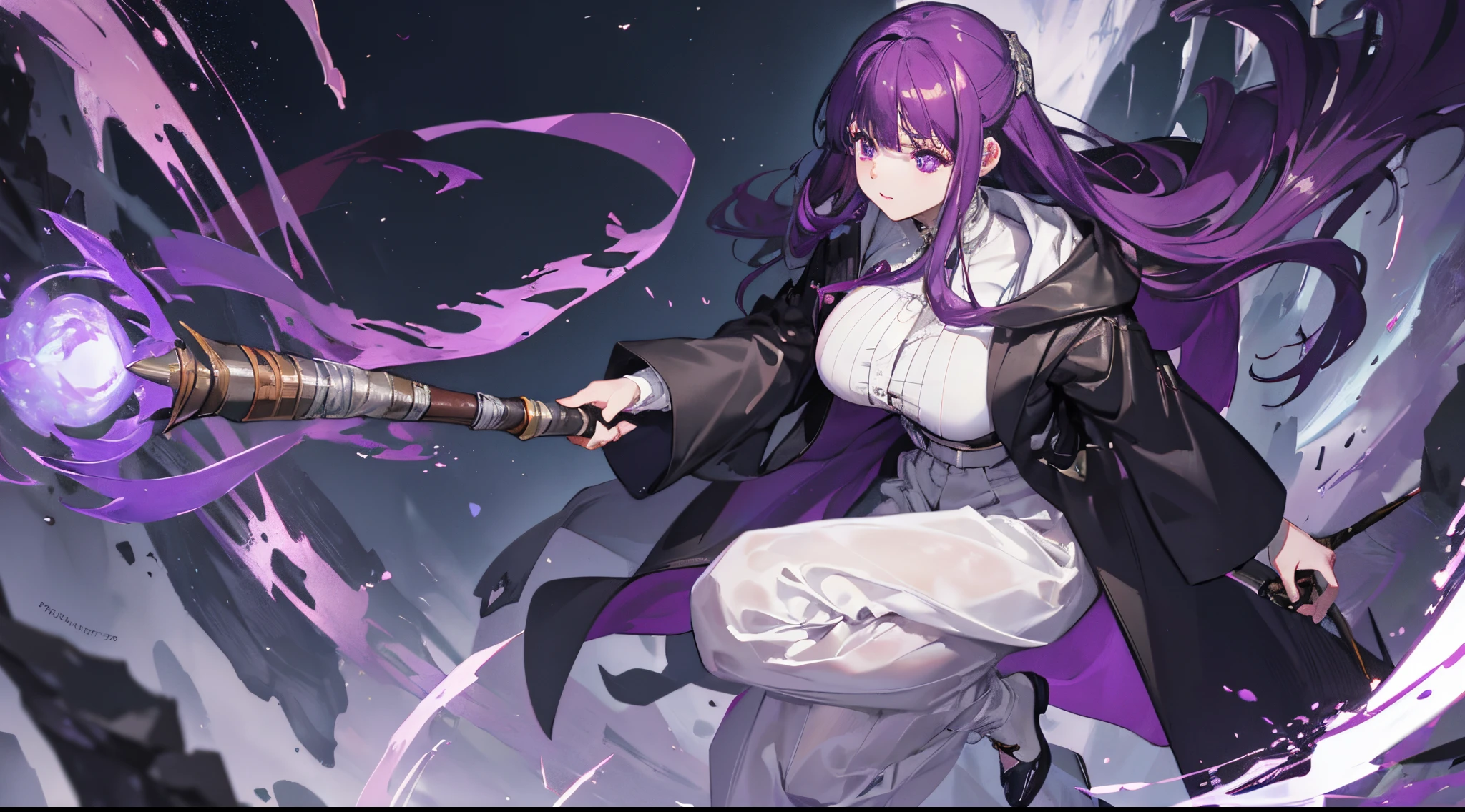 masterpiece, best quality, high quality, perfect anatomi, 1girl, mature female, large breast, black gradian purple hair, white shirt, black jacket, open clothes, center frills, magic, staff, full background, white full effect, full body, ruin, night, rock, night sky, backround, light magic,