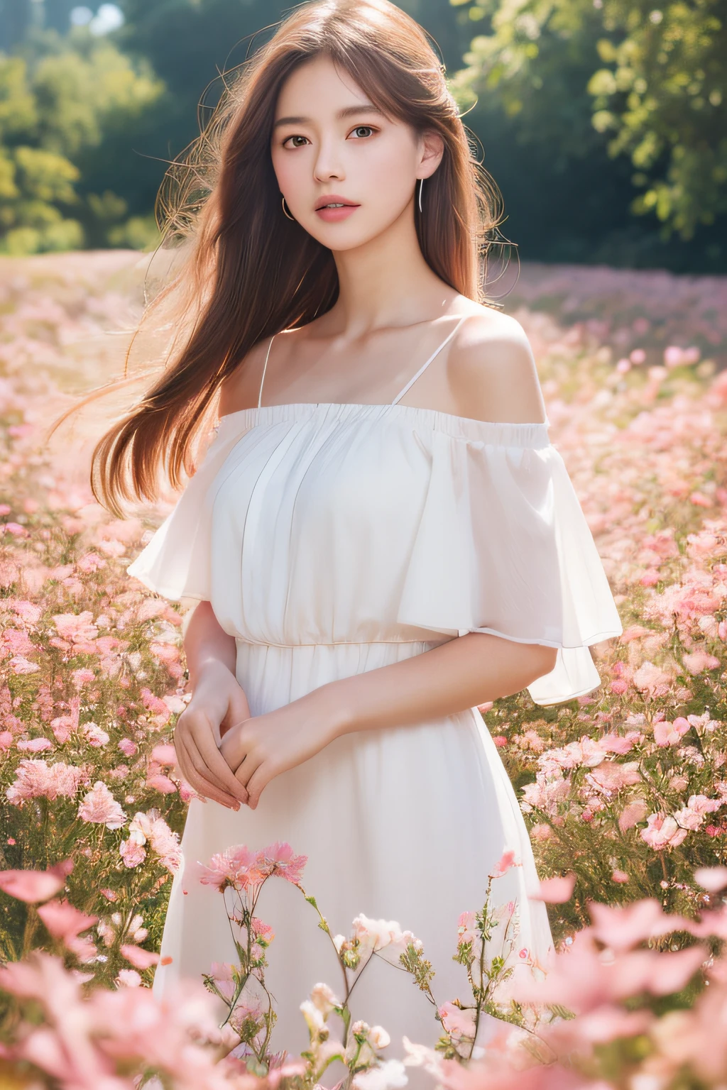 Best Quality, masutepiece, 超A high resolution, (Photorealistic:1.4), Raw photo, 1girl in, White Dress, off shoulders, field of pink flowers, Glowing skin,