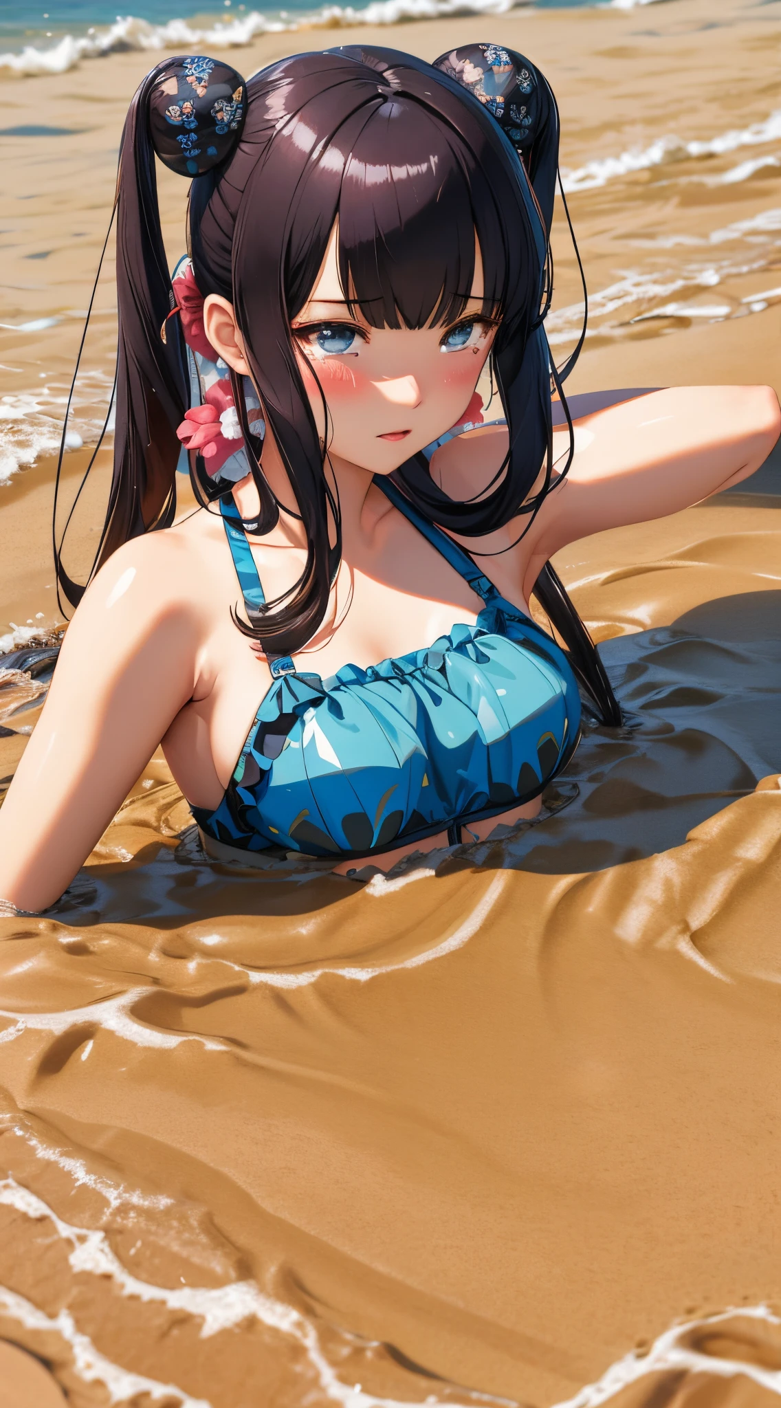 (best quality), 1 girl, ultra-detailed, illustration, yang guifei, beach, frilly bikini, (quicksand:1.4), upset, crying, (mostly submerged:1.2)