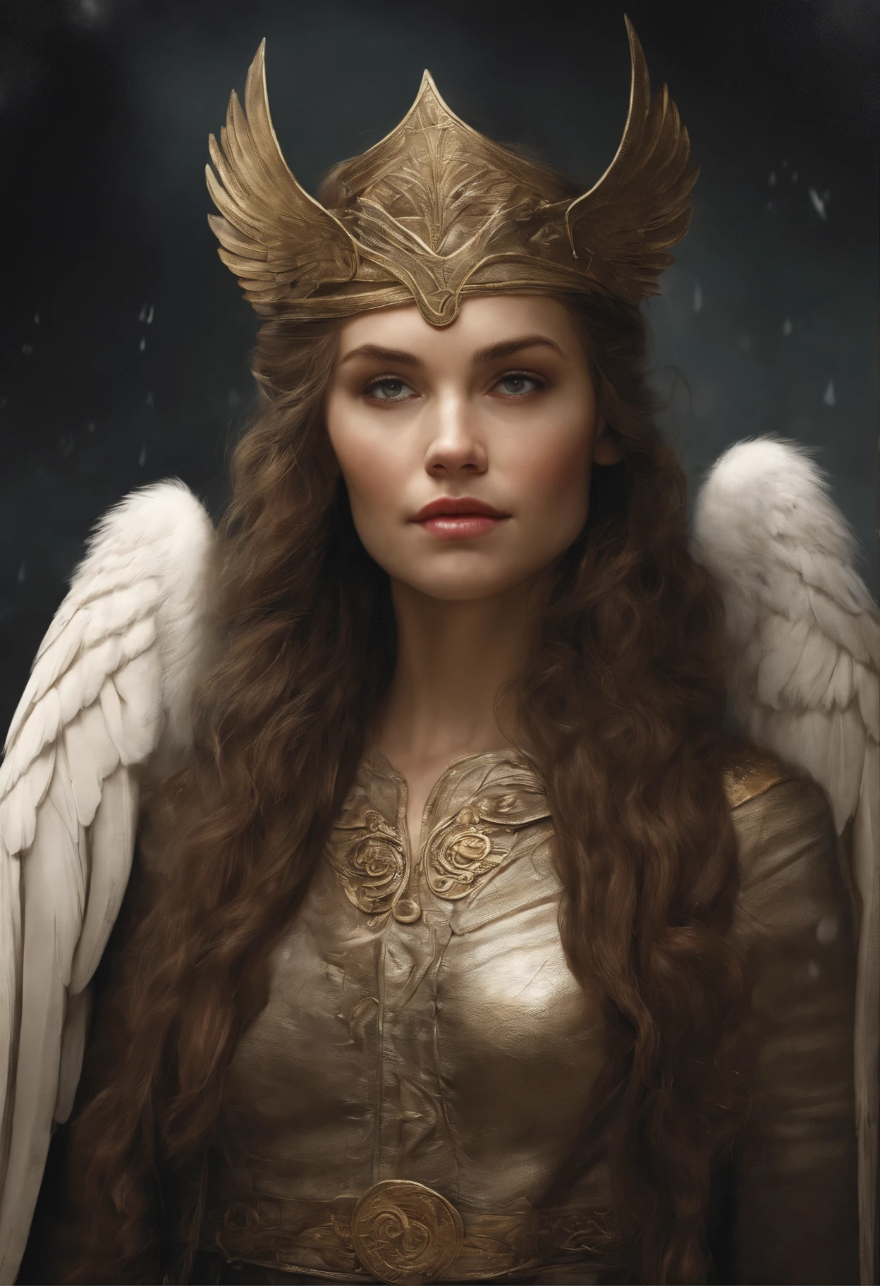 真实感, dark fantasy style, John Tolkien style, Small painting by Jean-Baptiste Monge, portraite of a, looks from the front, Soft facial features, Angel Girl, Average height, slightly plump dark pink lips "Cool eyebrows, dark brown almond shaped eyes, looking at away, dark colored hair, hair braided in a long thick tight braid, classic braided hairstyle, slightly upturned nose, Hand detailing, in the form of a Valkyrie, Carol Buck style, behind his back are huge open angel wings, Sword in hand, Slightly naked, Priestesses, dressed in white and gold clothes, holy golden armor, Celestial Queen, Standing next to a motorcycle, rain is dripping, The city, megalopolis, city trail, big house, glass skyscraper Jean-Baptiste Monge, anthropomorphic --ar 2:3 --testp -optimistic;