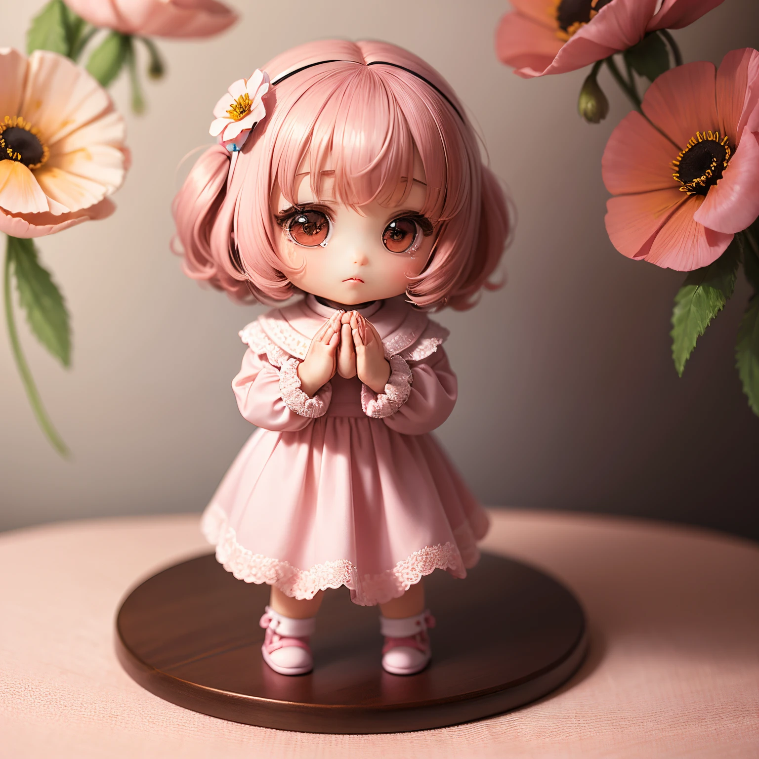 masterpiece、top-quality、ultra-detailliert、(Chibi Chara's Daughter:1.2)、Prayer Pose、tilt your head、Moist eyes、pink high neck knit、Full-body standing figure、The background is poppy flower wallpaper