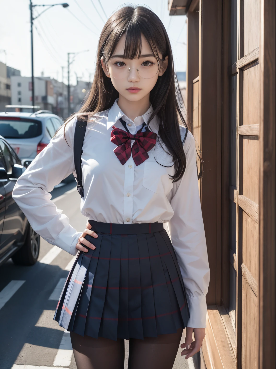(I see underwear)、((Narrow-eyed))、((Narrow-eyed))、((Narrow-eyed))、(8K、Raw photography、top-quality、masterpiece:1.2),、Has a small、(flat breast)、(flat breast)、(flat breast)、(flat breast)、(flat breast)、(being thin)、light skinned、skin whitening、Dark look、Rasping,glamor,Chromo-white skin,cocky,School,watching at viewers,Looking at the front,Muchimuchi,High-pitched clothing,Erotic,Pupils,de pele branca,kne,((Black pantyhose)),absurderes,a small face,,Forehead visible,Bangs hanging from the left and right sides of the forehead,(a cold expression,Tight eyes,glares,Bullish,irate)、masterpiece,top-quality、超A high resolution,Raw photo,ren,Beautiful fece,One Person, 独奏,eye glass,,Dark look,Small breasts,fullllbody,Round glasses,JK school uniform,hi-school girl,A Japanese Lady, Standing,(Photorealsitic:1.37)、Photon mapping,Realistic、Beautie,Cute little face,Brown-eyed、Black socks、(Red bow tie)、Radio City、Physically Based Rendering、depth of field rally background、a picture,Body,beauty legs, Long legs, Thin leg,(Bangs are visible), hair, s lips, Blue_The eye, nosesoft,(Light blue shirt), (Navy and blue and white plaid pleated skirt), Knees are visible,Sheer clothing,, Thigh, Black cotton socks,Nogizaka Idol, , Japanese ido
