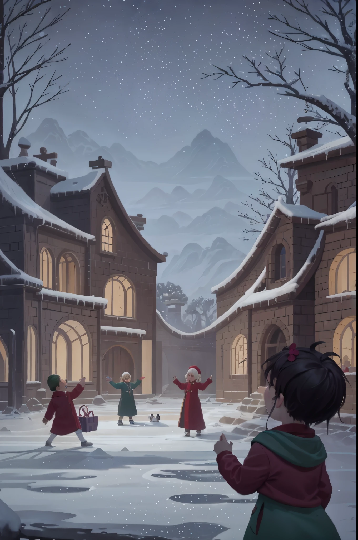 Animation scene of a group of children playing in Xuexiang, Children's Art Art Station, Arte conceitual de inverno, detailed 2d illustration, Game illustration, storybook illustrations, A beautiful artistic illustration, storybook illustrations,