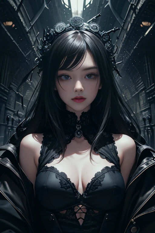 Official Art, Unity 8k Wallpaper, Super Detailed, Beautiful, Beautiful, Masterpiece, Top Quality, Too Classy, Unrivaled, Darkness, Madness, Satanism, Atmosphere, Mystery, Romanticism, Erotic, Spooky, Literature, Art, Fashion, Cyberpunk, Victorian, Embellishment, Complexity, Race, Contemplation, Emotional Depth, Supernatural, 1 Girl, Smile, Solo, Neck, Portrait Composition