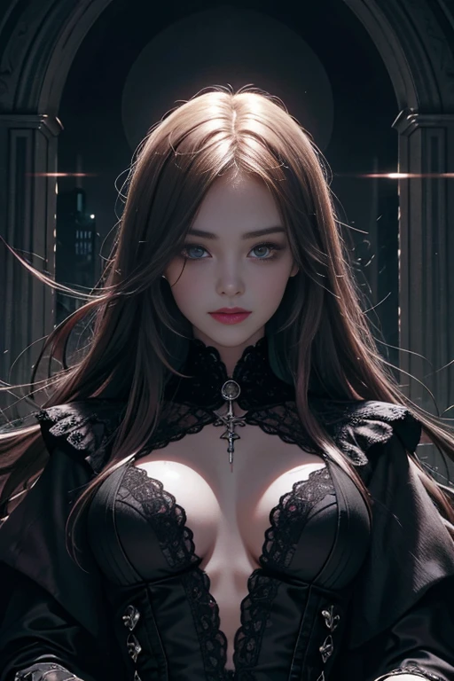 Official Art, Unity 8k Wallpaper, Super Detailed, Beautiful, Beautiful, Masterpiece, Top Quality, Too Classy, Unrivaled, Darkness, Madness, Satanism, Atmosphere, Mystery, Romanticism, Erotic, Spooky, Literature, Art, Fashion, Cyberpunk, Victorian, Embellishment, Complexity, Race, Contemplation, Emotional Depth, Supernatural, 1 Girl, Smile, Solo, Neck, Portrait Composition