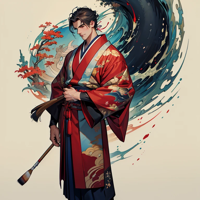 (masterpiece,High quality,Top quality,super detail, best quality ,)1man ,handsome,Face details,tall,skin details,Japan,Traditional Japanese costume, red and blue,Hd,full body,holding a paintbrush,artist,