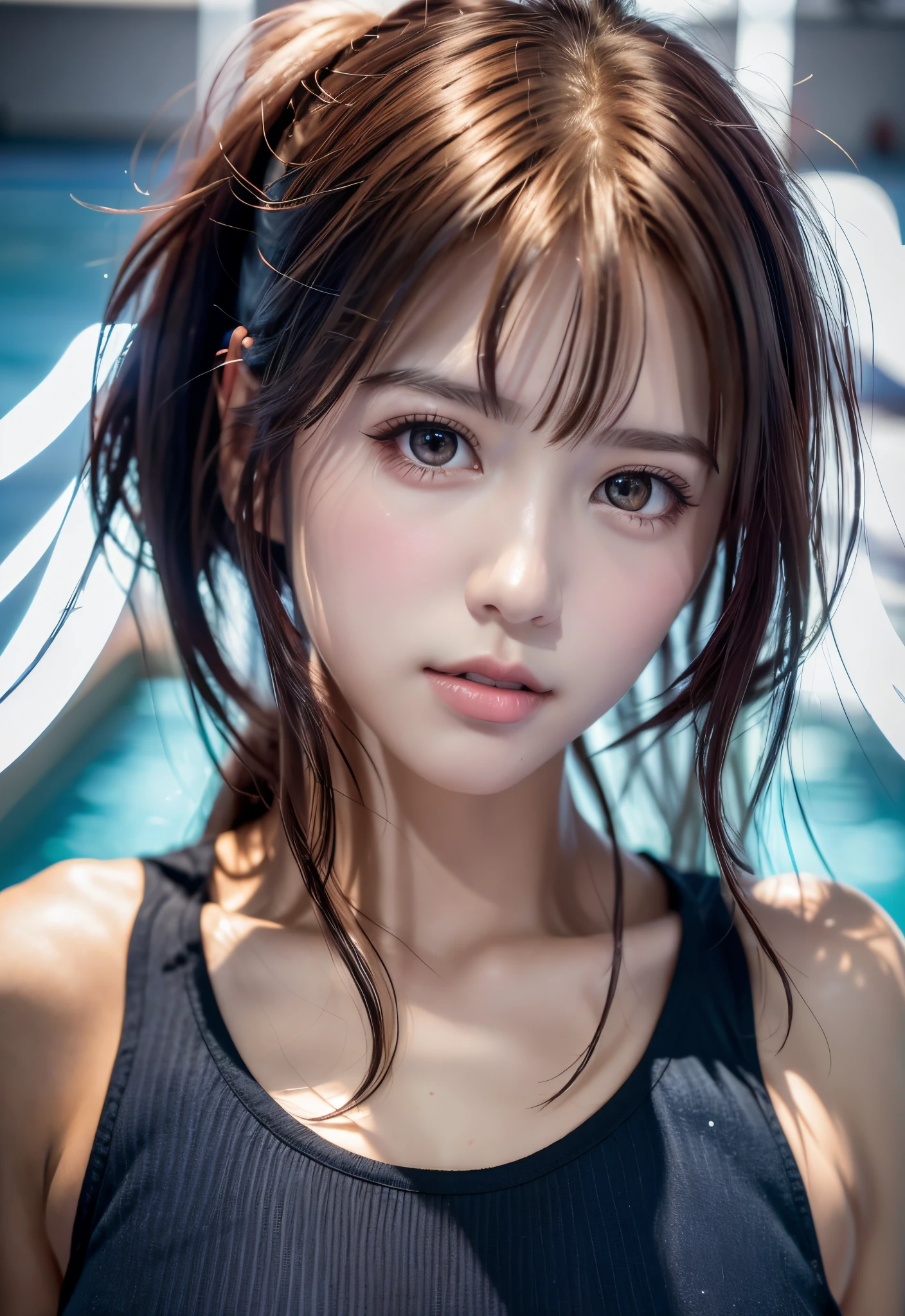 Medium close-up, cleavage, Jōri, Joe Yuri, Yuri, ((Best Quality, 8K, masutepiece :1.3)), 1girl in, Pretty woman with emphasizing slender abs :1.3, (dark brown hair, poneyTail), Wet body:1.2, Pool, Ultra-detailed face, Detailed eyes, 二重まぶた