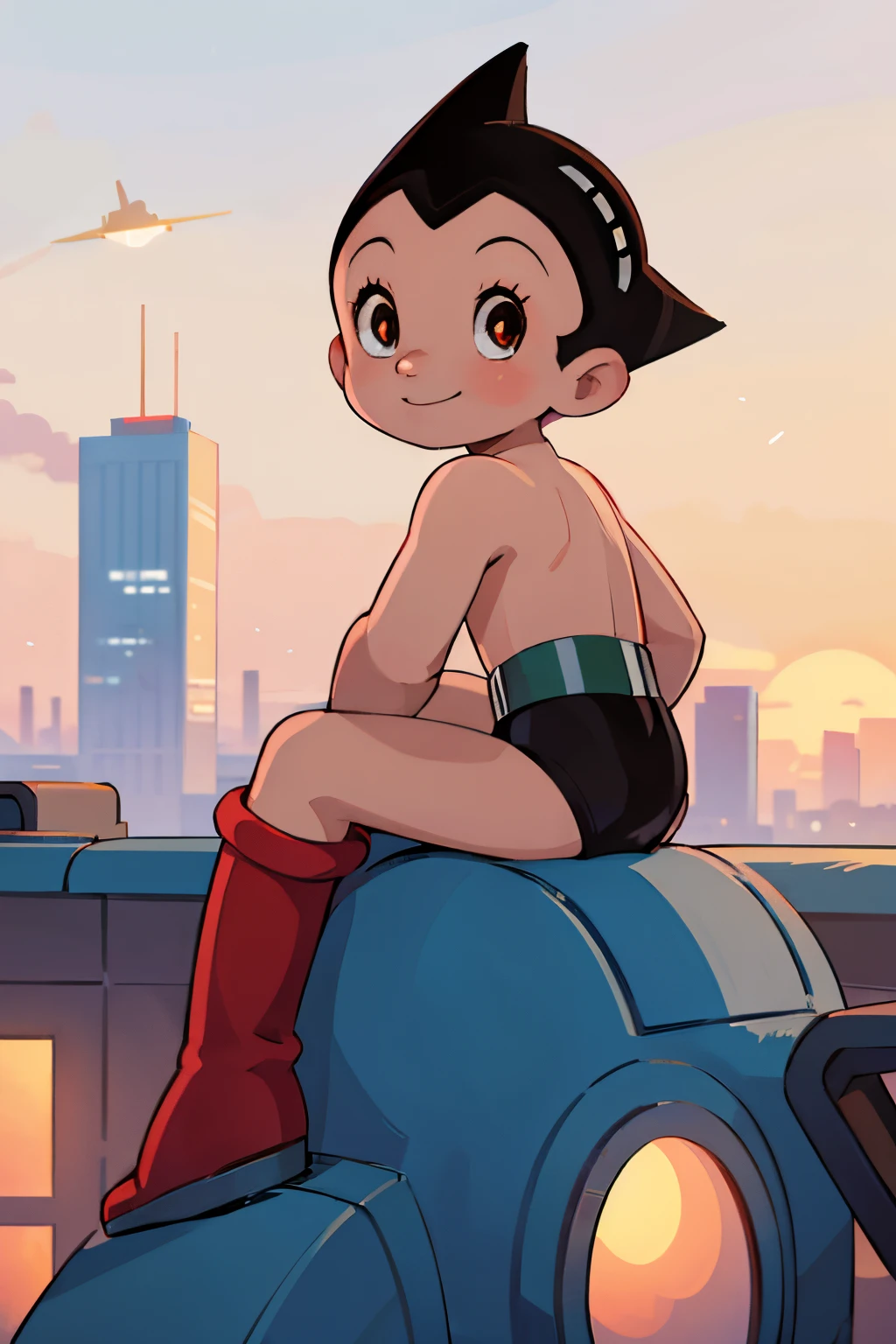 High quality close up of Astro Boy sitting on a rooftop, futuristic city backdrop, sunset, smiling, from behind, looking the viewer, red boots