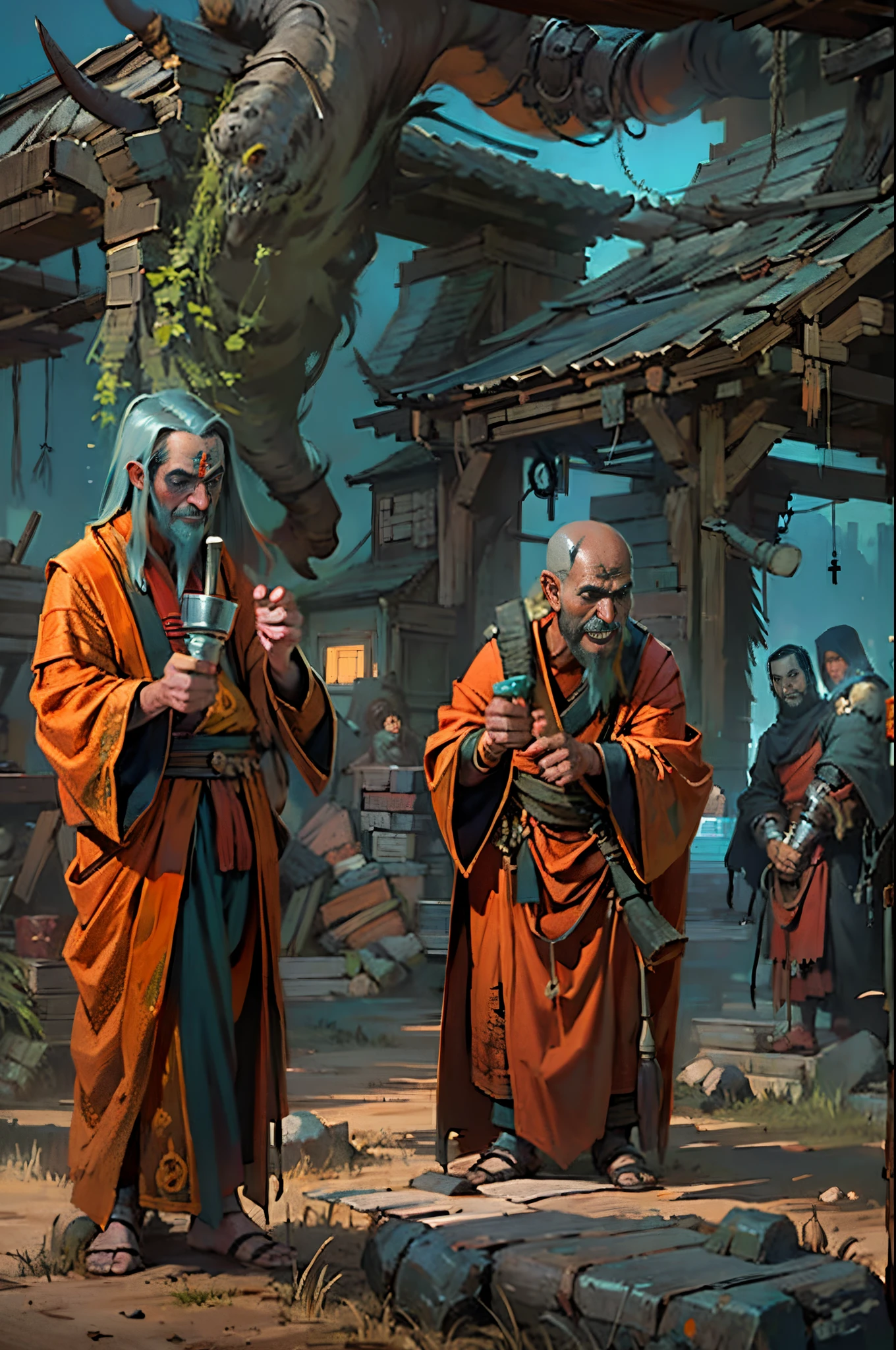 D14bl0 style monks and paladinight，The other party  the undead and the witch doctor，Surrealism, drop shadow, stereogram, tachi-e, pov, atmospheric perspective, 8k, super detail, ccurate, best quality，(greg rutkovsky:0.8), (cyan and orange:0.4），