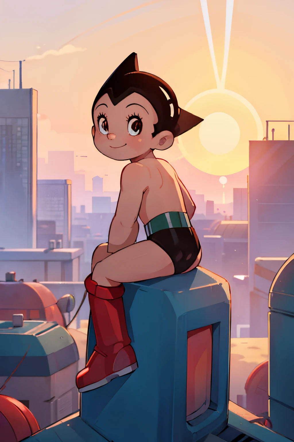 High quality close up of Astro Boy sitting on a rooftop, futuristic city backdrop, sunset, smiling, from behind, looking the viewer, red boots