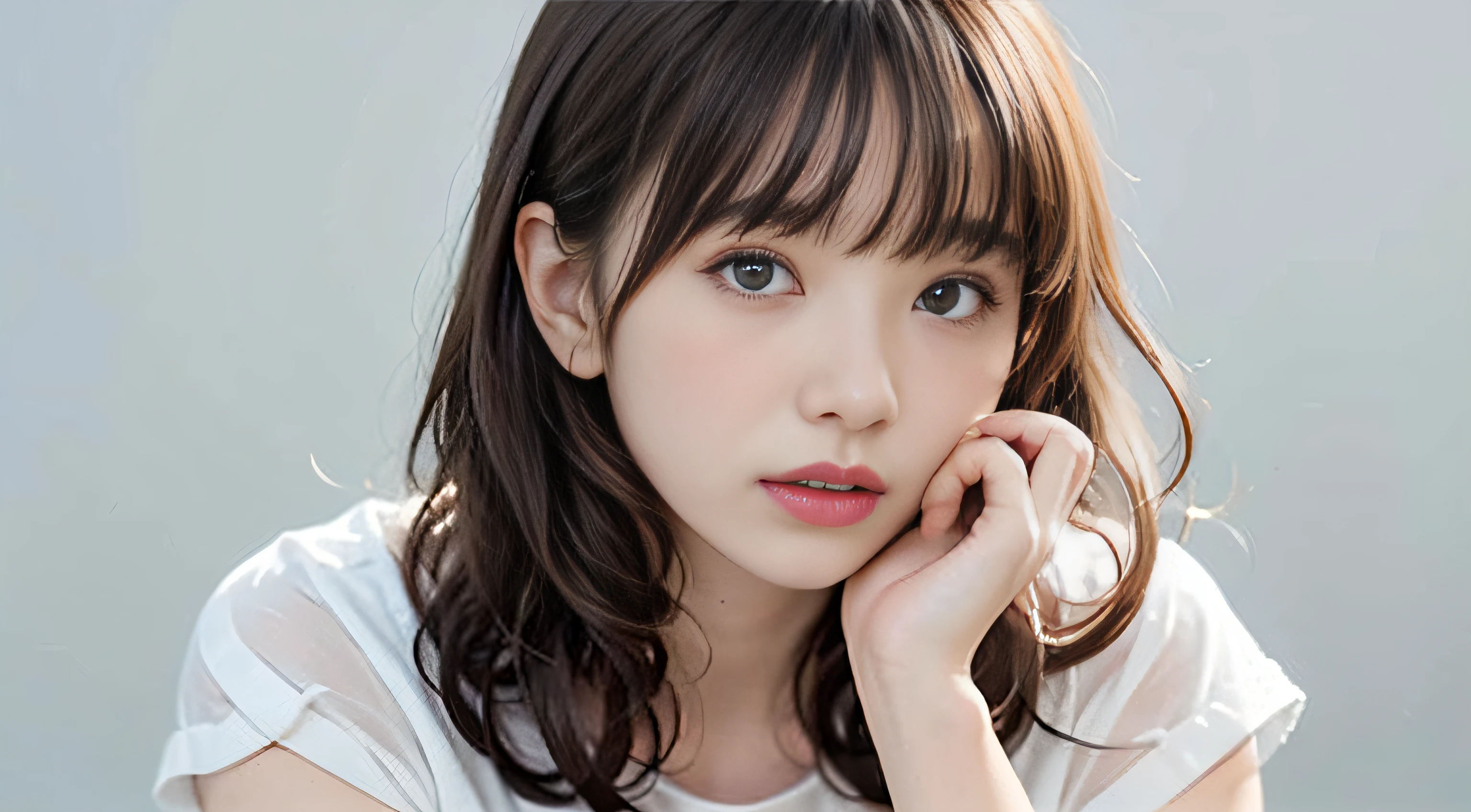 Asian, Beautiful, slender, Cute, Teenage, Beautiful face, Beautiful skin, actress, youthfulness, Upper body, light brown hair, Fine hair, Live action, masutepiece, Best Quality, Very elaborate CG Unity 8K wallpaper, Ultra high definition, Casual Fashion, Lighting, Summer Fashion, (Natural brown hair: 0.8), (Puffy eyes), looking at audience, Turn around, Bleach Hair, model poses, White background, Delicate skin type, Fine curly hair, Hands around the mouth, White T-shirt, Hair model photography