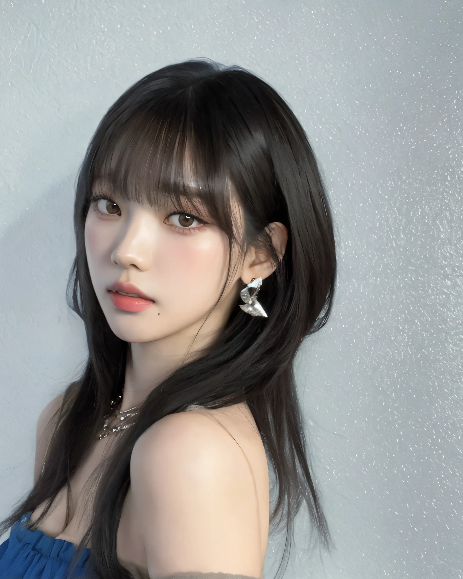 Disheveled Asian woman with long black hair and a blue dress, Lalisa Manobal, como franja, Ulzzang, cabelo arrumado como franja, Jinyoung Canela, brinco de prata, Shikami, Lalisa Manoban do Blackpink, Jaeyeon Nam, O corte Hime, Tira de Fofa, como uma tira completa, Branch Range, Sakimichan