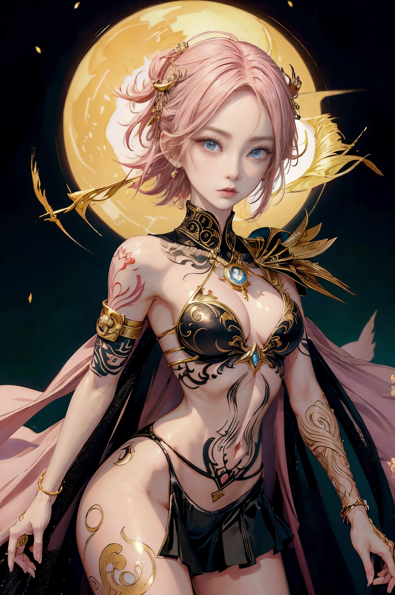 Anime girl with short pink hair and gold jewelry in front of black background, onmyoji detailed art, anime goddess, portrait onmyoji, Onmyoji, the goddess artemis smirking, goddess of the moon, intricate gorgeous anime CGI style, Beautiful fantasy empress, Works of the Goddess of Sorrow, goddess of the moon, goddess of the moon, (Detailed eyes:1.4), (Perfect Anatomy:1.2), (The tattoo:1.3)